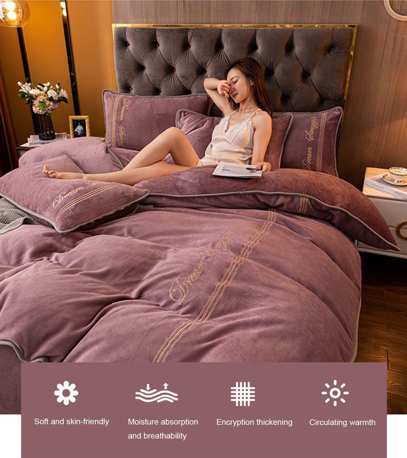 Premium Luxury Bedding Set - King Queen Twin Size Soft Milk Velvet Flannel Duvet Cover with Sheets & Pillowcases - Ultra Warm Thermal Quilt Cover for Cold Weather (Purple, 150x200cm) - Perfect for Winter Nights, Guest Rooms & Cozy Bedroom Decor