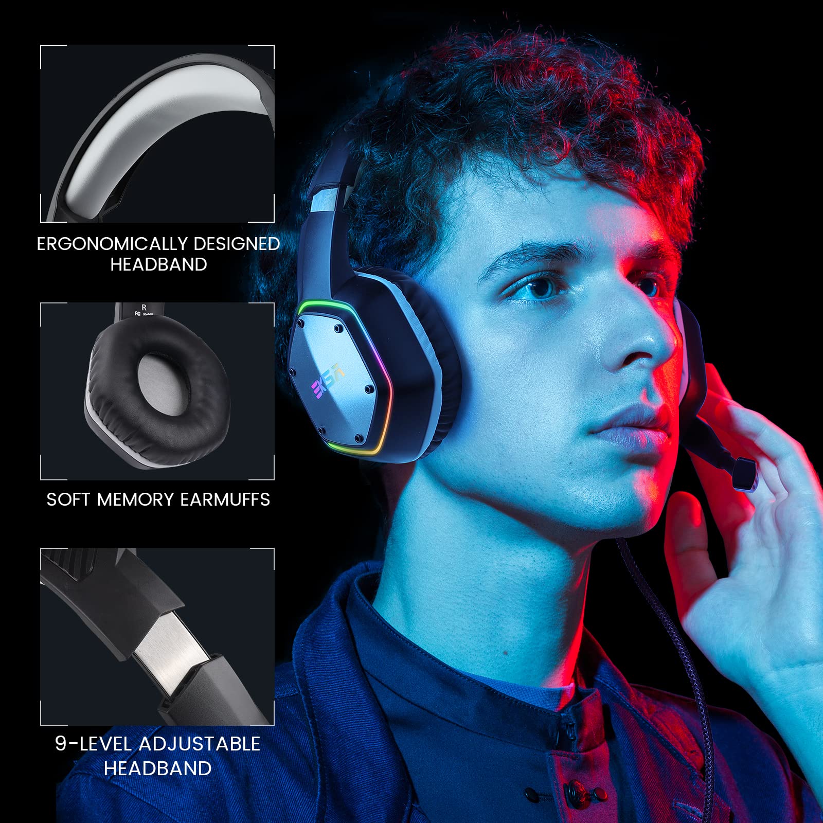 EKSA E1000 USB Gaming Headset with Noise-Canceling Mic - 7.1 Surround Sound RGB Wired Headphones for PC, PS4, PS5, Laptop & Call Center | Perfect for Competitive Gaming, Streaming & Online Meetings