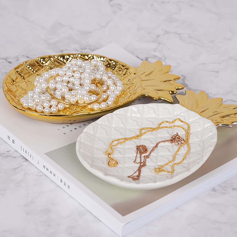PRETYZOOM Ceramic Jewelry Display Dish with Gold Trim - Pineapple Shaped Ring Holder, Mini Jewelry Organizer Plate for Travel, White Ceramic Tray for Rings, Earrings & Small Accessories - Perfect for Vanity, Bathroom Counter, Dresser Top & Gift Giving