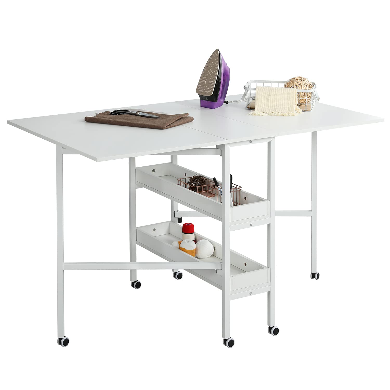 MELLCOM Mobile Folding Craft Table with Storage Shelves - 35.5in Height Adjustable Sewing Table for Fabric Cutting, DIY Projects & Home Office - Perfect for Sewing Rooms, Craft Rooms & Small Spaces