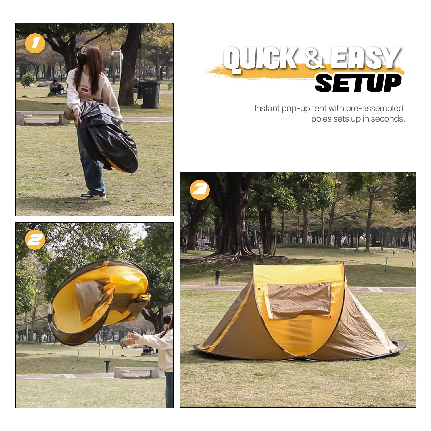 MoNiBloom 2-Person Pop Up Tent - Waterproof Instant Setup Camping Tent for Outdoor, Beach & Travel - Lightweight Automatic Popup Tent with 2 Doors, Side Windows & Carry Bag - Perfect for Family Camping, Beach Trips & Backpacking Adventures (Yellow)