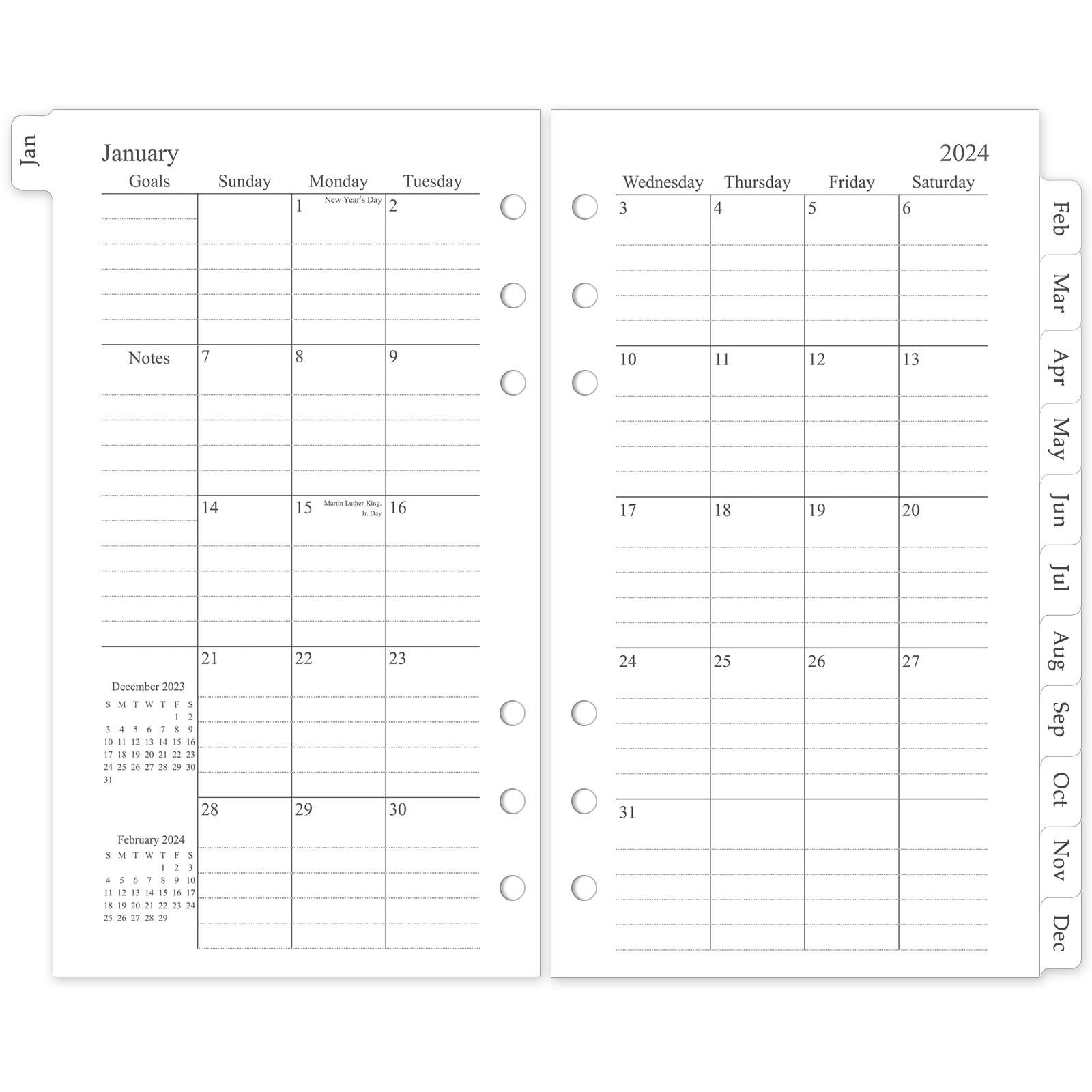 2024-2025 A6 6-Ring Planner Refill Inserts - 18 Monthly Calendars with Tabs (January 2024-June 2025) | 3.8