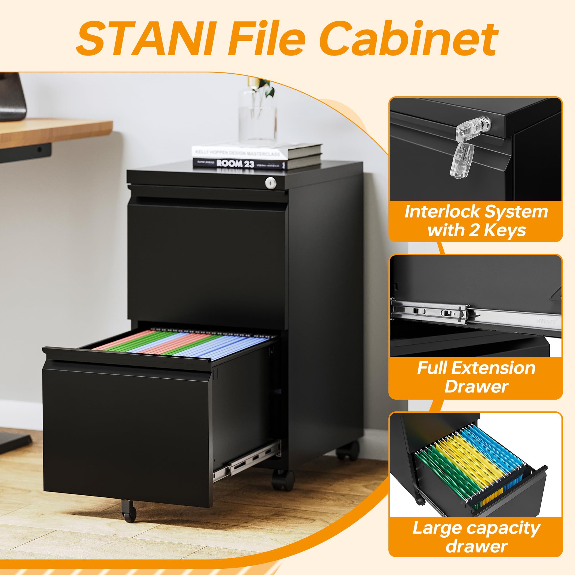 2-Drawer Mobile File Cabinet with Lock & Wheels - Black Metal Rolling File Cabinet for Home Office, Under Desk Storage, Printer Stand - Fully Assembled & Ready to Use