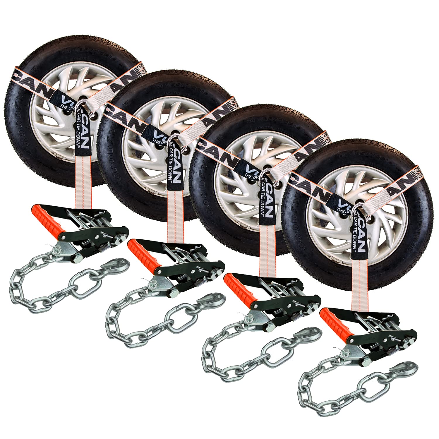 VULCAN Heavy Duty Car Tie Down Straps with Chain Anchors - 2