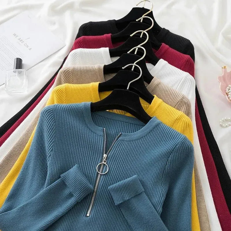 Women's Zipper Mock Neck Sweater - Cozy Knit Pullover for Fall & Winter - Perfect for Casual Outfits, Office Wear & Layering
