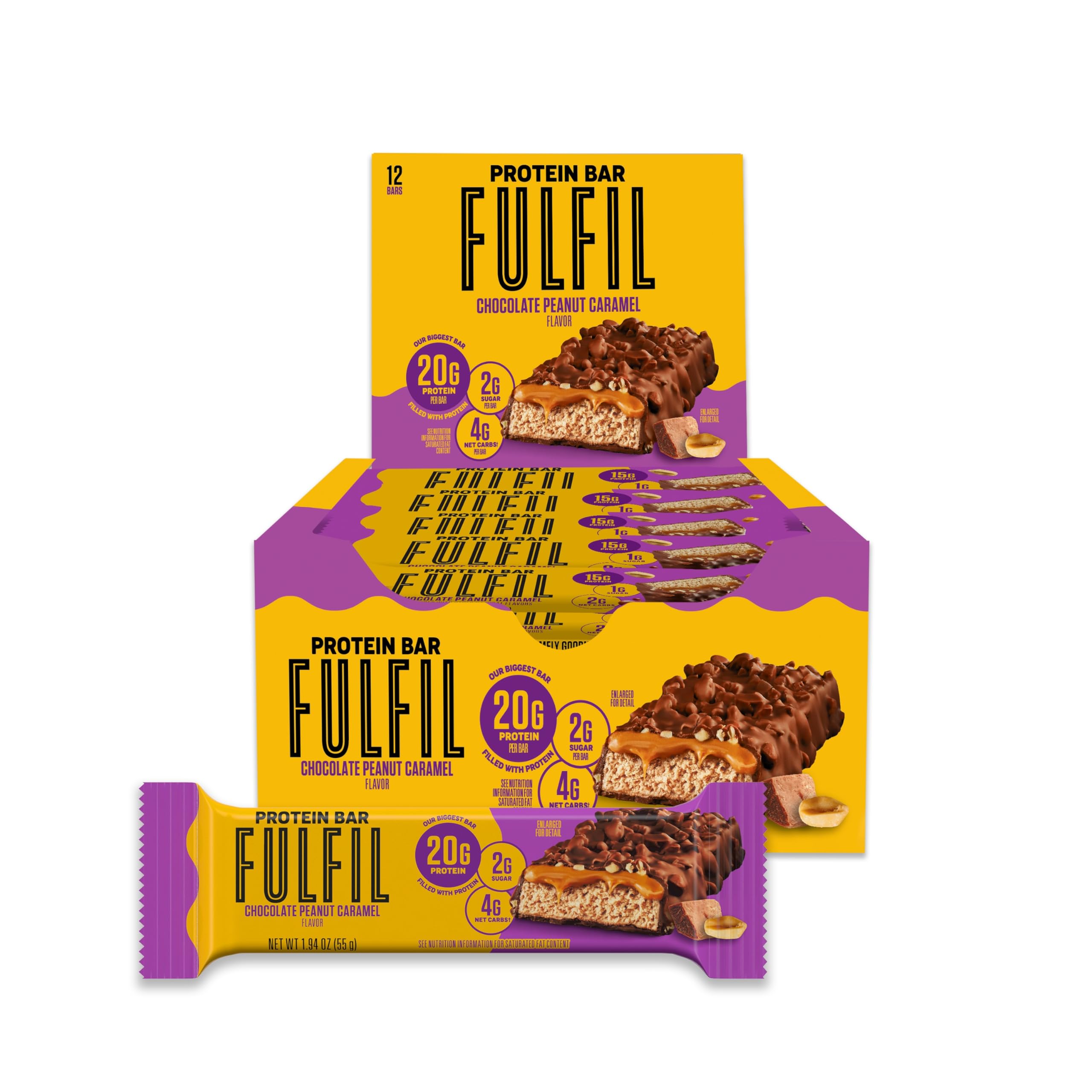 FULFIL High Protein Bars - Chocolate Peanut Caramel Flavor, 20g Protein per Bar, Gluten Free Snacks, Pack of 12 | Perfect for Gym Workouts, Hiking & Healthy On-the-Go Breakfast