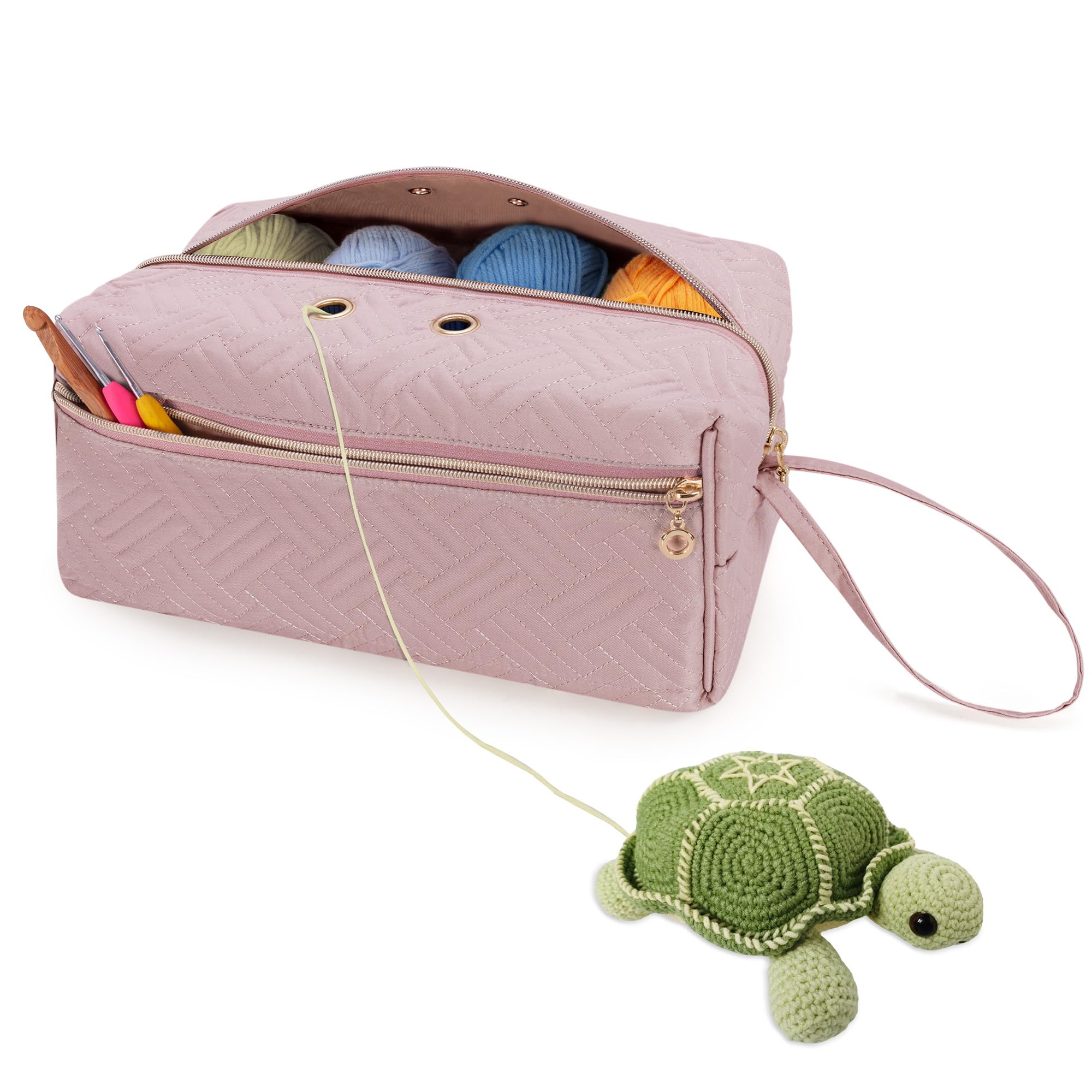 LUXJA Large Pink Yarn Storage Bag - Knitting Bag Organizer for Yarn Skeins, Crochet Hooks & 10-Inch Knitting Needles - Perfect for Crochet Projects, Knitting Supplies & Craft Storage at Home or Travel