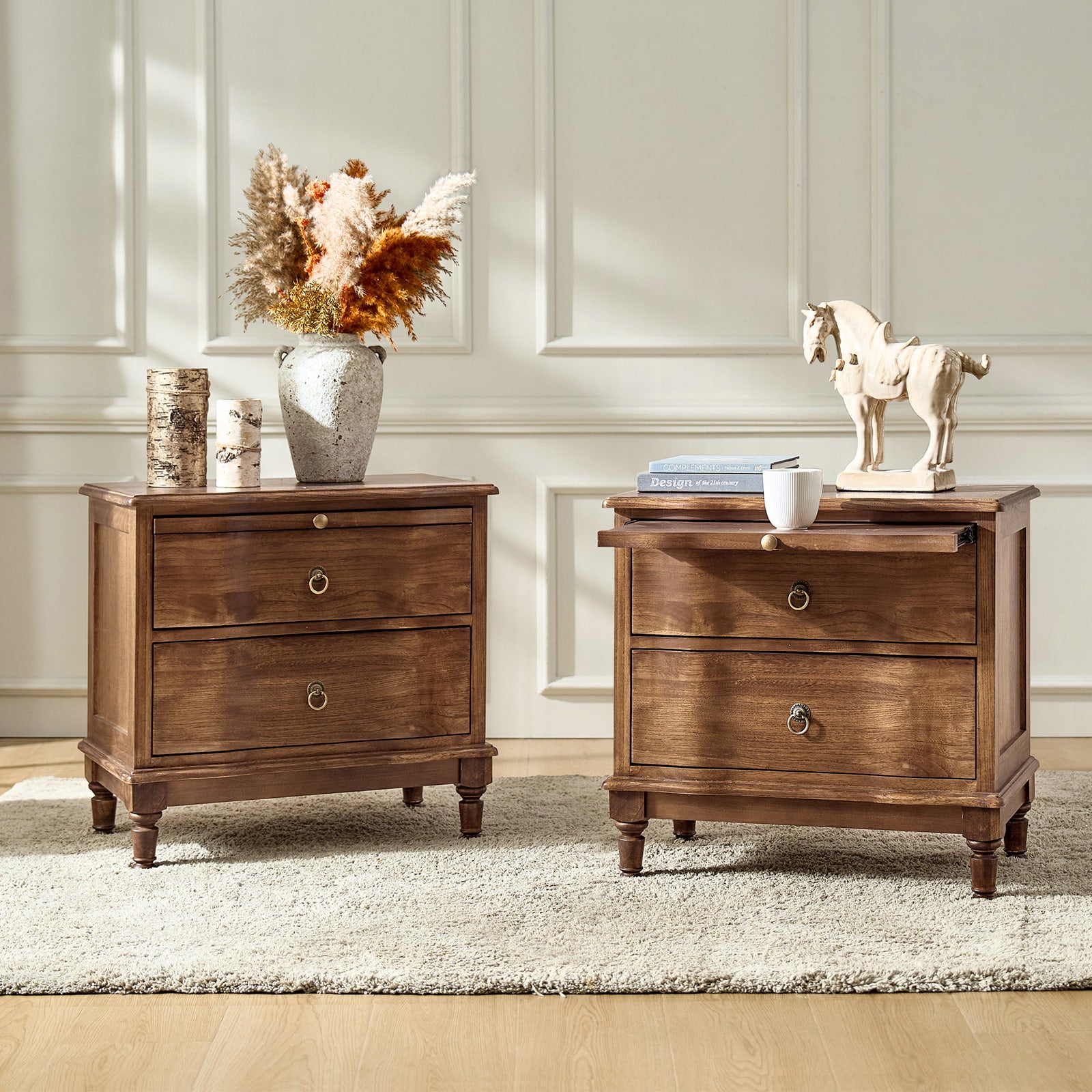 Solid Wood 2 Drawer Nightstand with USB Charging Ports, Pull-Out Shelf & Optional Styles - Modern Bedside Table for Bedroom, Guest Room & Small Spaces