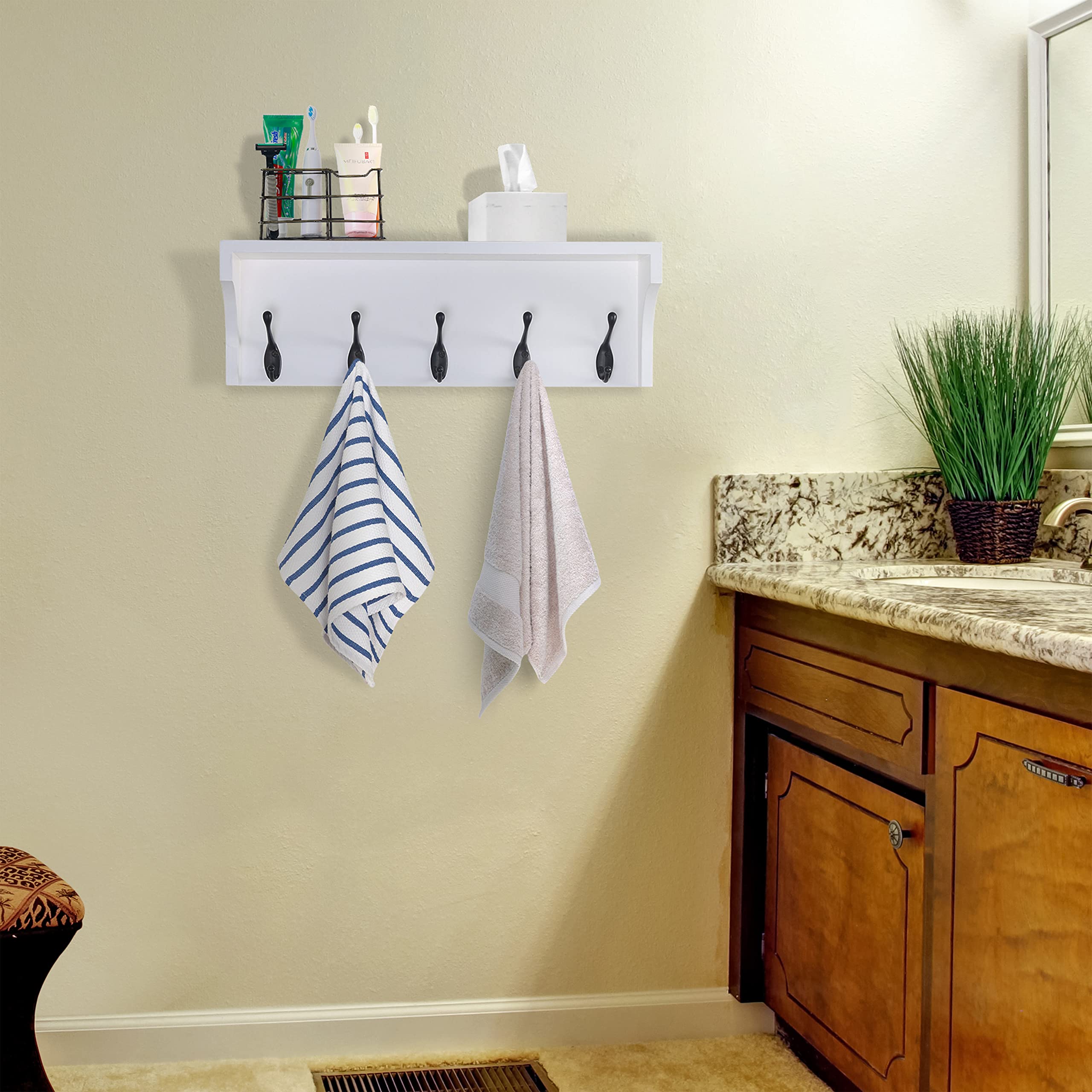 Dseap 17-inch Wall Shelf with 5 Dual Hooks - Heavy Duty Solid Pine Wood Coat Rack with Storage Shelf - Entryway Organizer for Mudroom, Kitchen, Bathroom, Bedroom - Perfect for Hanging Coats, Bags, Towels & Decor (White TEG02B)