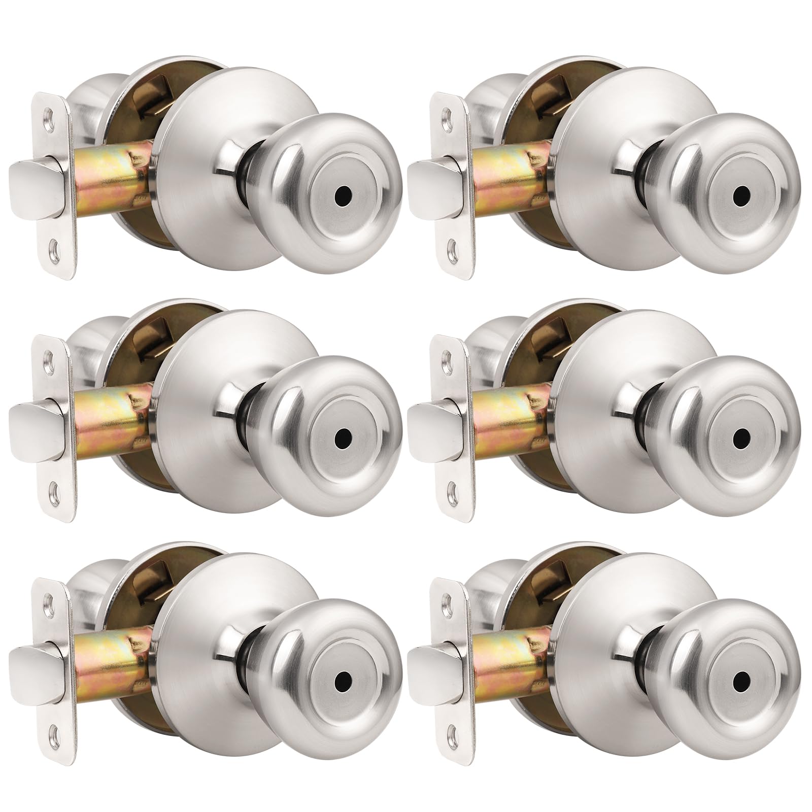 6 Pack Privacy Door Knob with Lock - Keyless Tulip Style in Satin Nickel for Bedroom & Bathroom