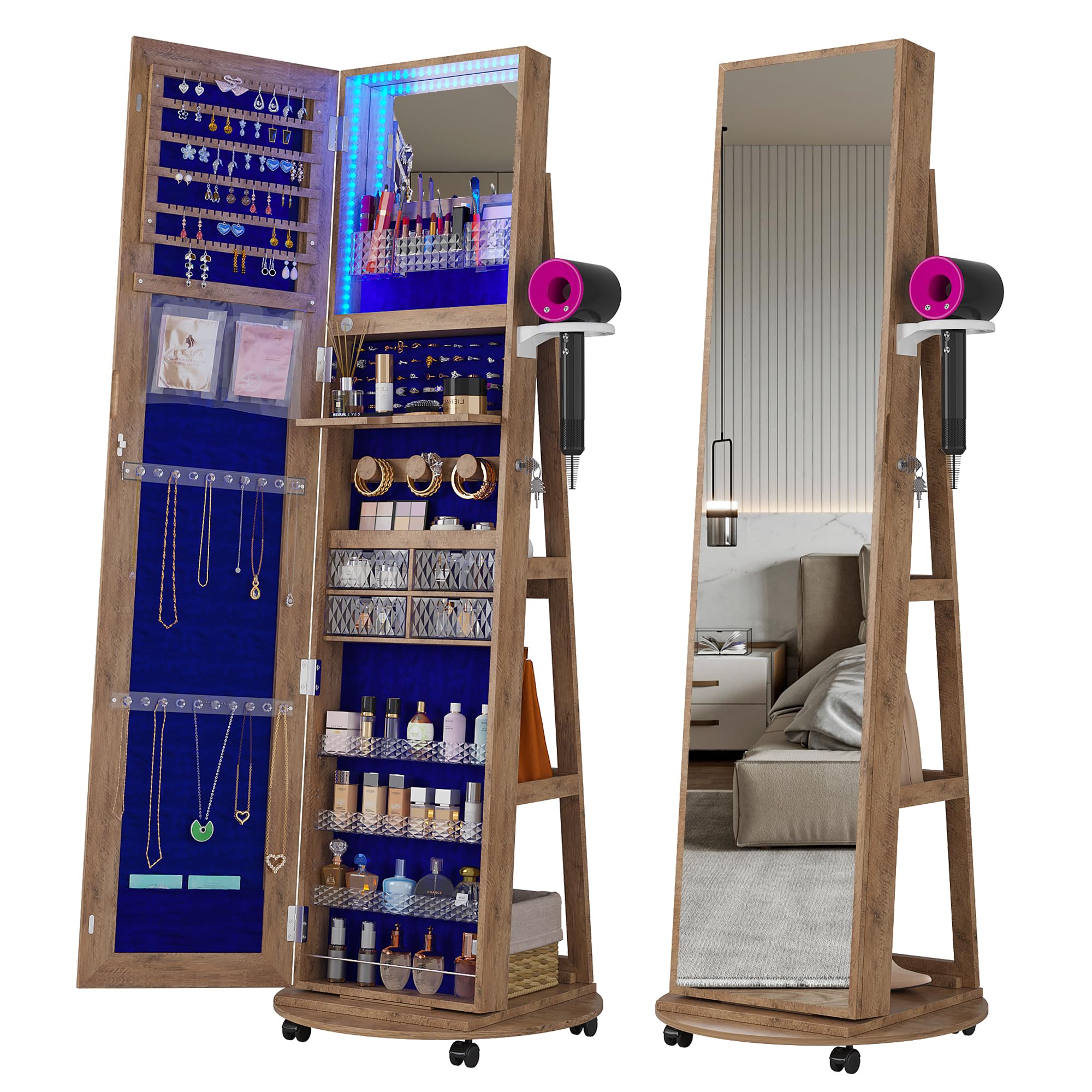 360° Swivel Jewelry Armoire with LED Mirror & Lockable Wheels - Full Length Standing Mirror with Jewelry Storage, Foldable Makeup Shelf & Wooden Organizer Cabinet - Perfect for Bedroom, Closet & Dressing Room Organization