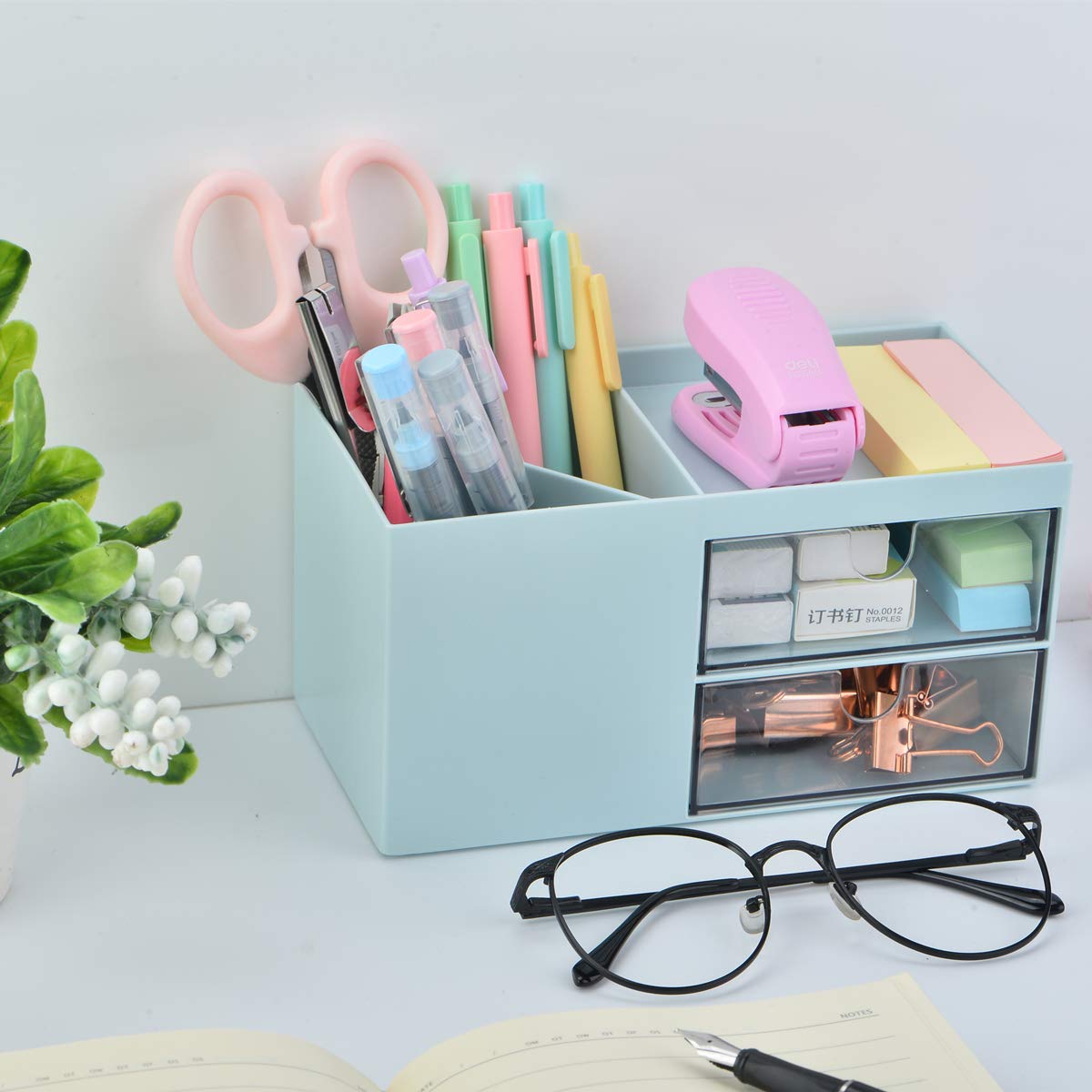 Citmage 5-Compartment Desk Organizer - Plastic Office Workspace Caddy for Pencils, Pens, Markers & Erasers - Blue Desktop Storage Box for School, Office & Home Organization