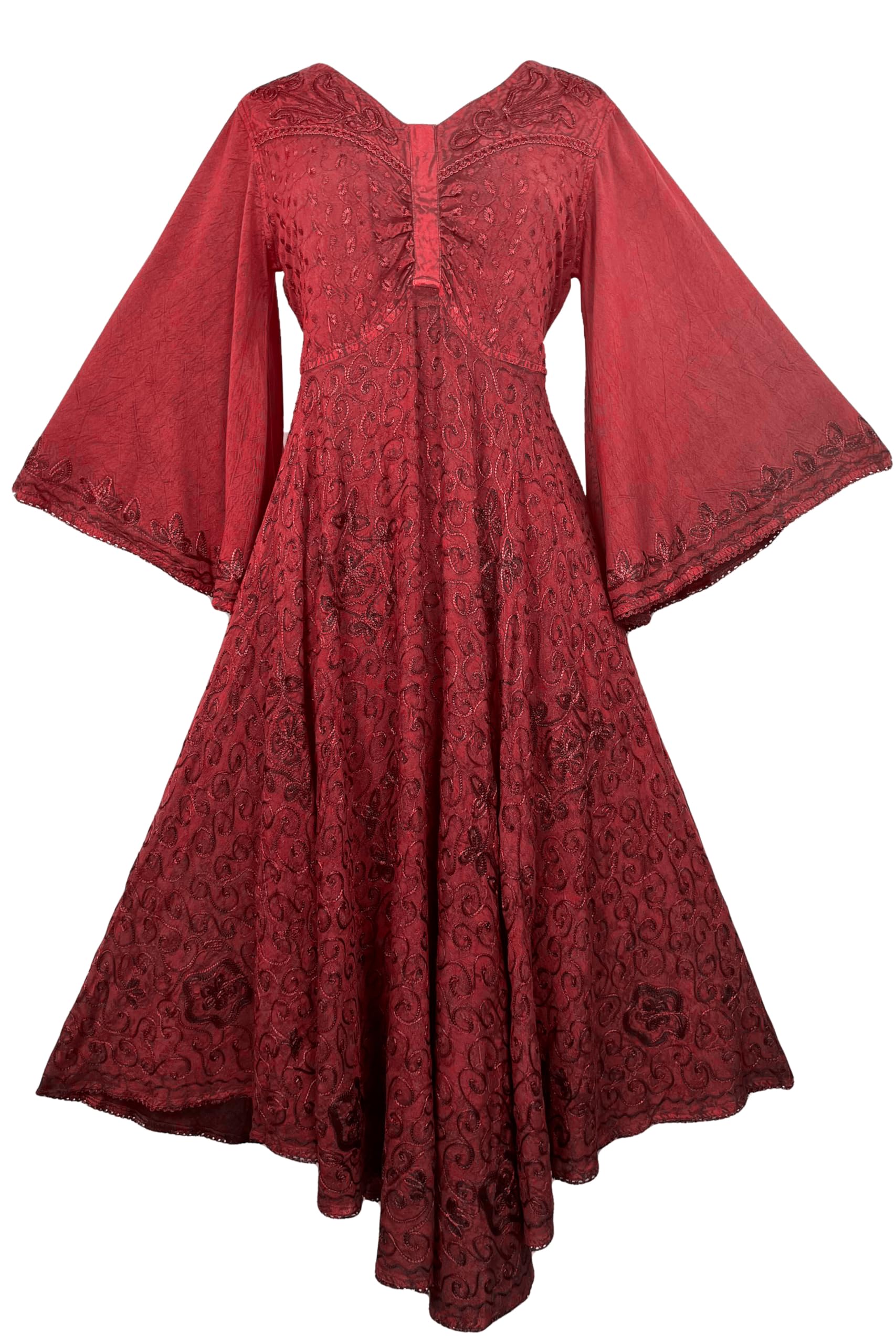 Agan Traders Women's 2025 Spring Bohemian Medieval Renaissance Embroidered Bell Sleeve Flared Calf-Length Dress Gown - Perfect for Renaissance Fairs, Medieval Themed Parties & Boho Chic Fashion