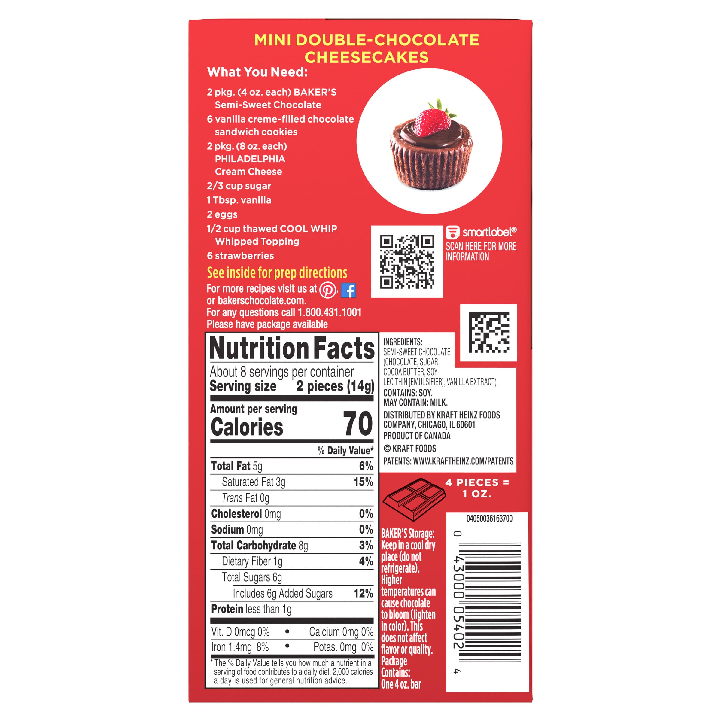 Baker's Premium Semi-Sweet Chocolate Baking Bar - 4 oz (113g) for Baking Cookies, Cakes & Desserts | High-Quality Baking Chocolate for Professional & Home Bakers
