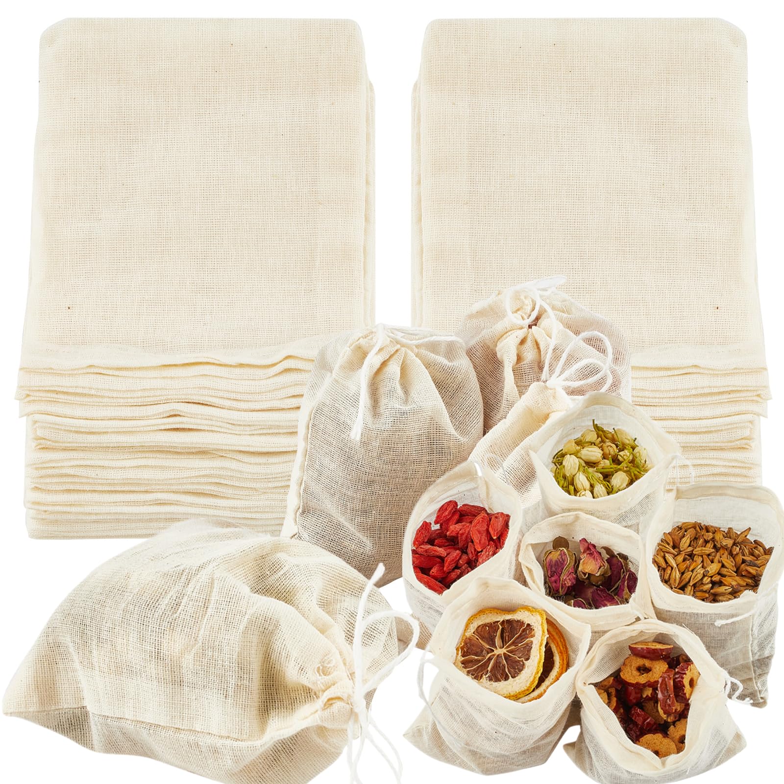 50 Pack Reusable Tea Bags & Spice Bags for Cooking - 4x6 Inch Muslin Drawstring Bags for Straining Tea, Coffee, Soup & Herbs - Eco-Friendly Cheesecloth Filter Bags for Home Brewing & DIY Spice Blends