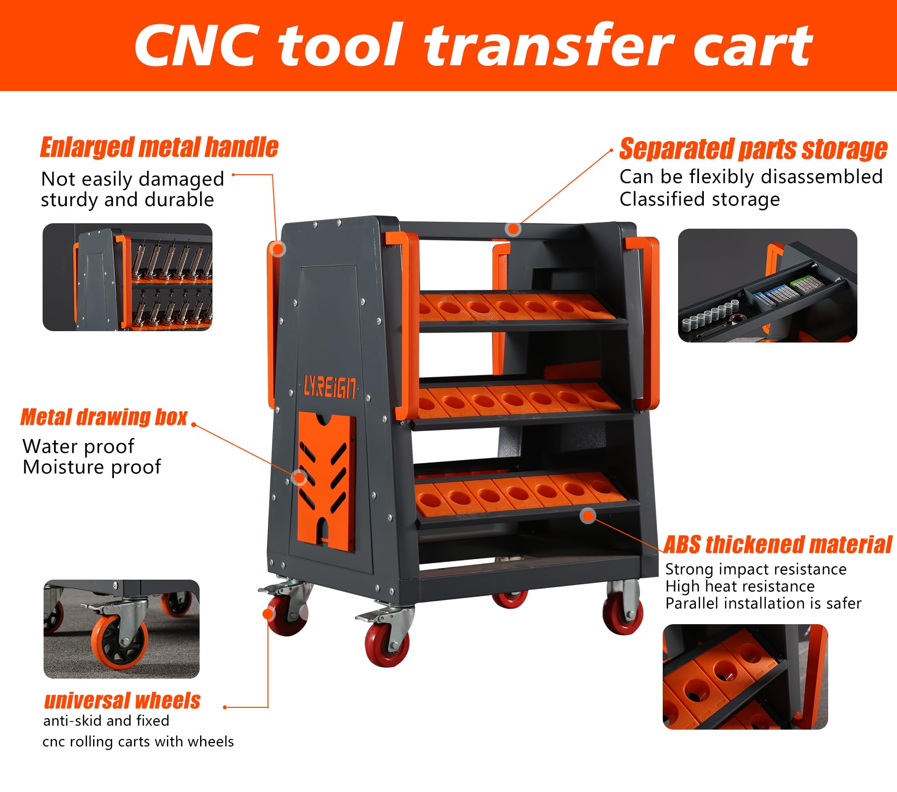 HSK100 CNC Tool Cart - 24 Capacity 3-Tier Rolling Tool Organizer with CNC Wheels | Mobile Tool Holder Cart for Cat 40 & CNC Machines | Workshop & Garage Storage Solution