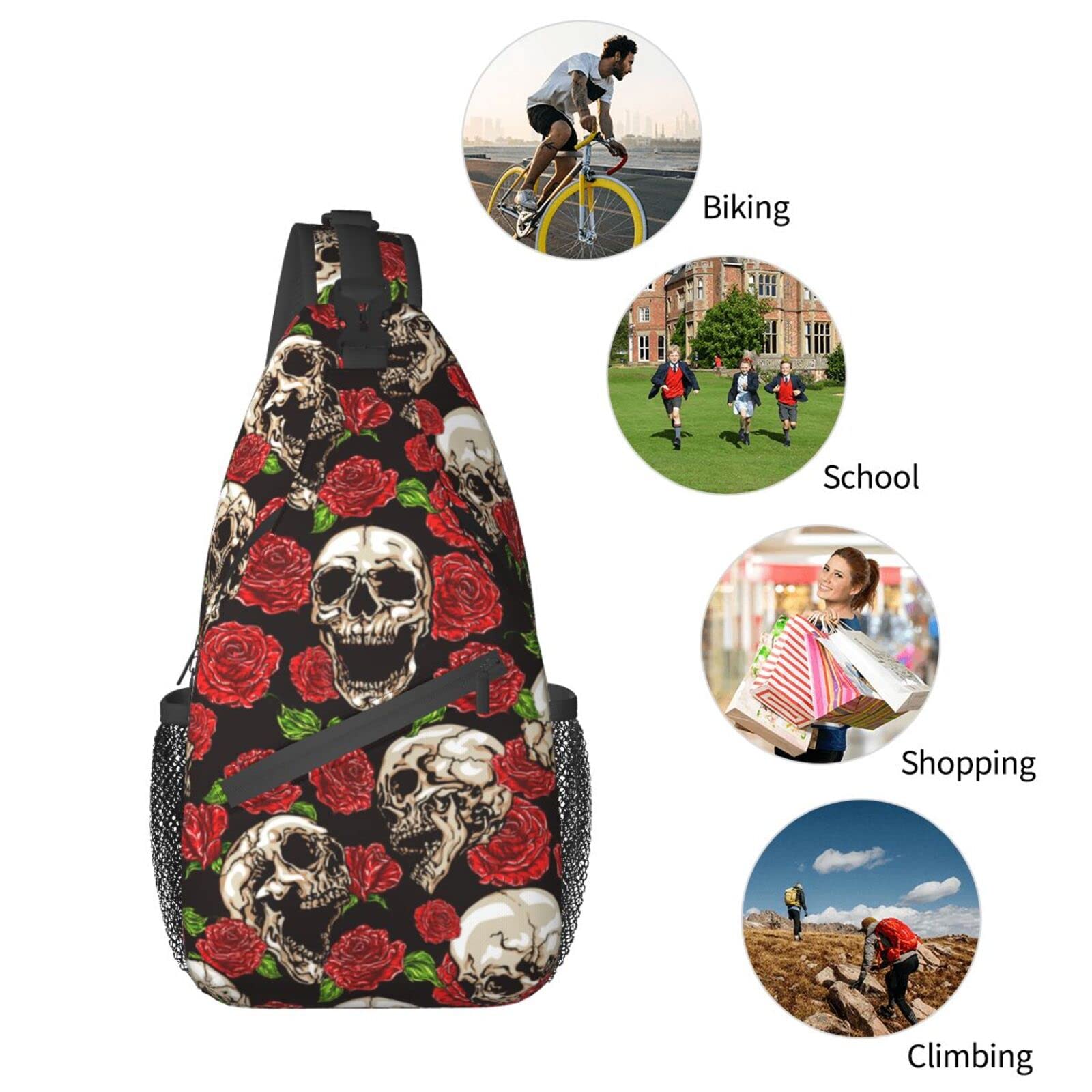 Skull & Rose Crossbody Sling Bag for Women & Men - Lightweight Shoulder Backpack for Hiking, Travel, Cycling | Small Daypack, Casual One Strap Purse | Perfect for Outdoor Adventures & Daily Use