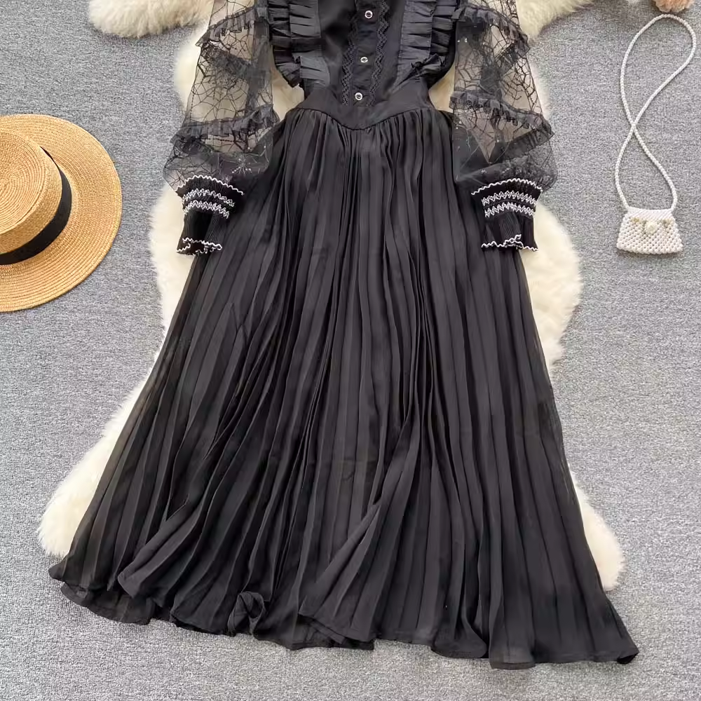 Elegant Black Mesh Long Sleeve Pleated Dress for Women - Perfect for Evening Parties, Date Nights & Special Occasions