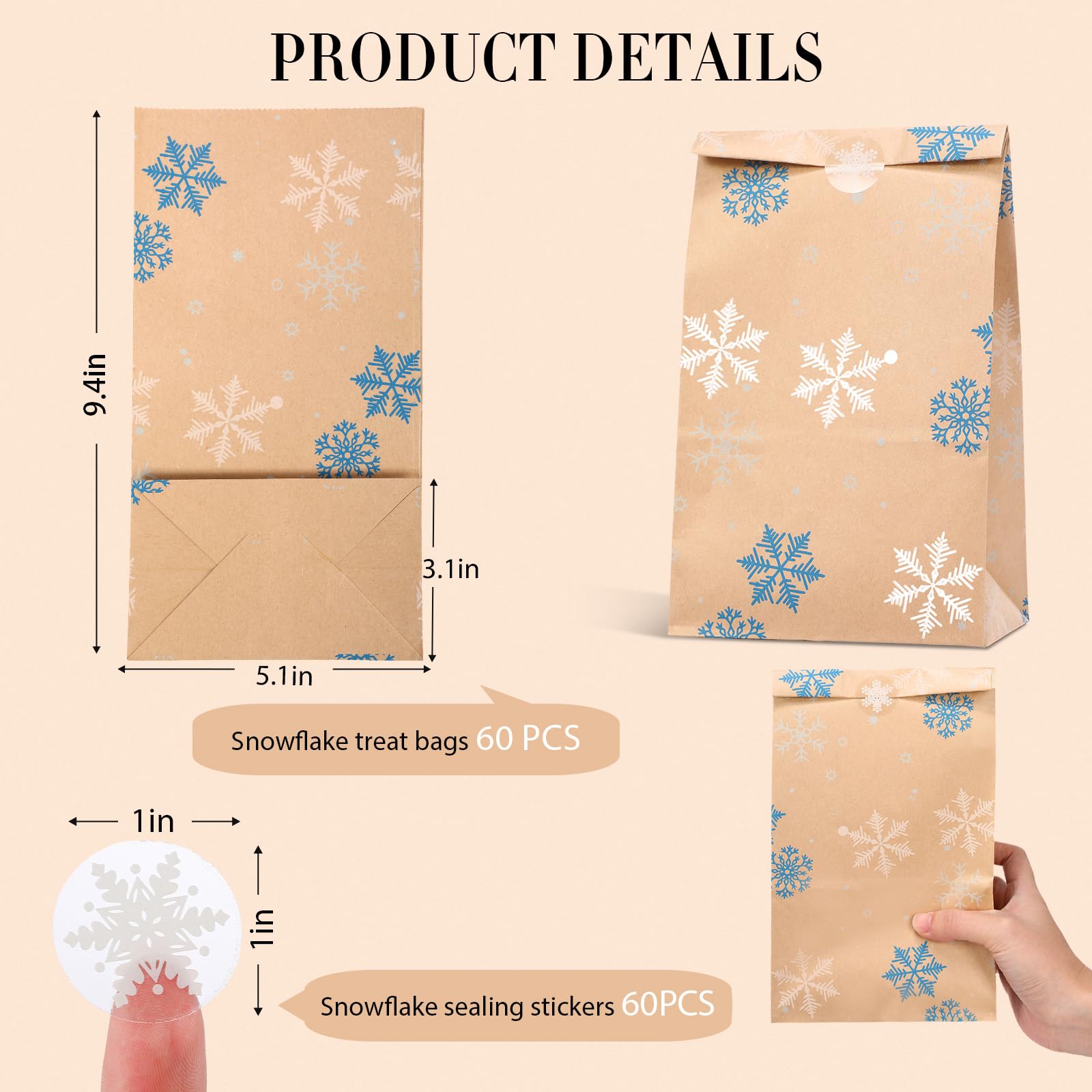 Cholemy 60 Pcs Christmas Snowflake Gift Bags with Sealing Stickers - 5.1 x 9.4 x 3.1 Inch Kraft Paper Goodie Bags for Holiday Party Favors, Treats & Cookies | Perfect for Xmas Decorations, Winter Weddings & DIY Gift Wrapping