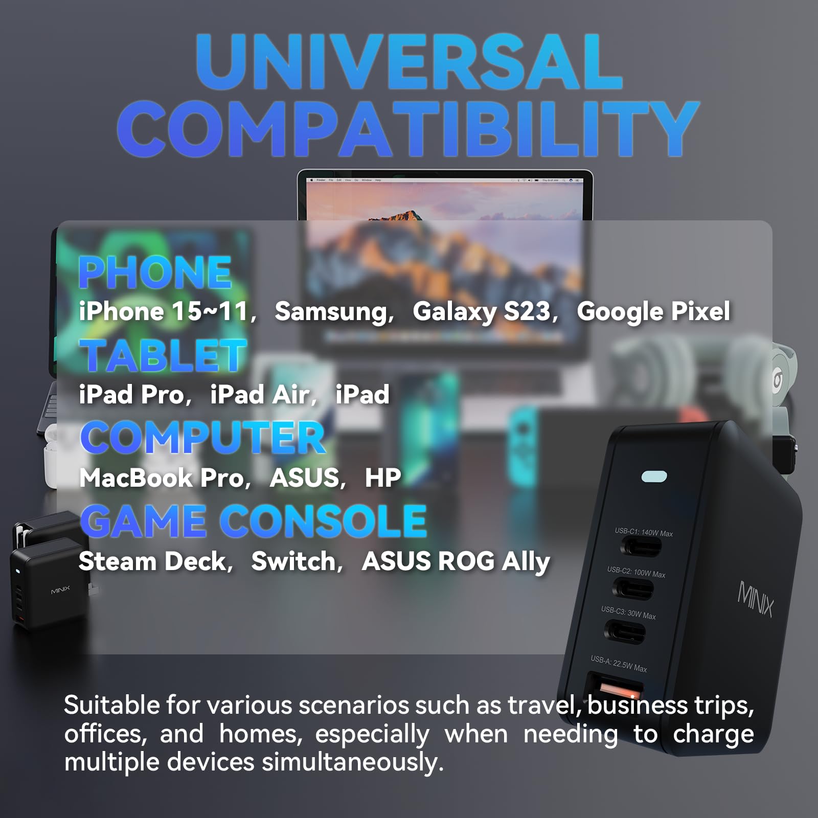MINIX 165W USB C GaN II Fast Charger PD3.1 (140W Max) - 4-Port Wall Charging Station for MacBook Pro, iPad Air, iPhone 15/14/13 Pro Max, Galaxy S24 Ultra | Perfect for Home, Office & Travel Charging Needs