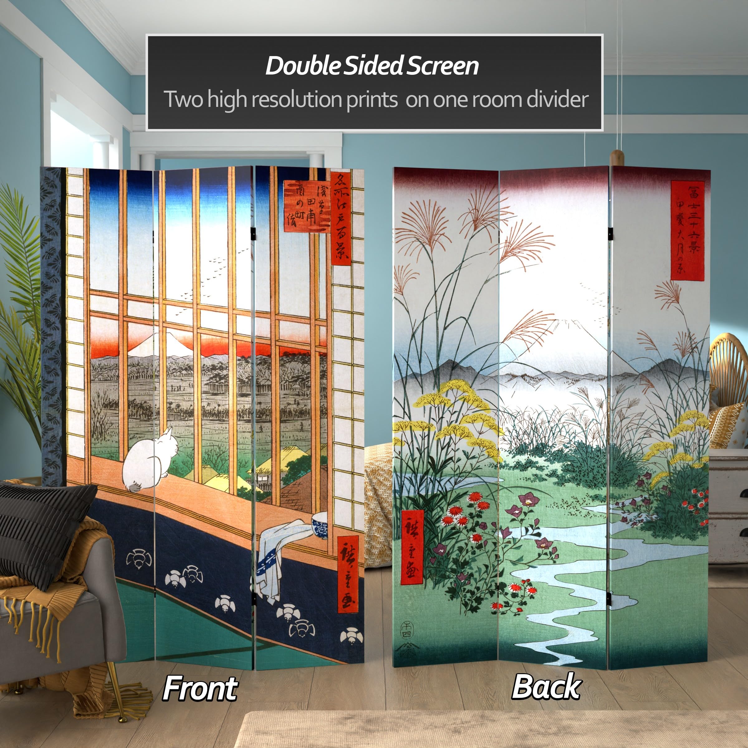 6 ft. Tall Double-Sided Hiroshige Asakusa Rice Field & Otsuki Plain Folding Room Divider - 3 Panel Japanese Shoji Screen (71 Inches High) for Home Decor, Office Partition, and Asian-Themed Event Backdrop