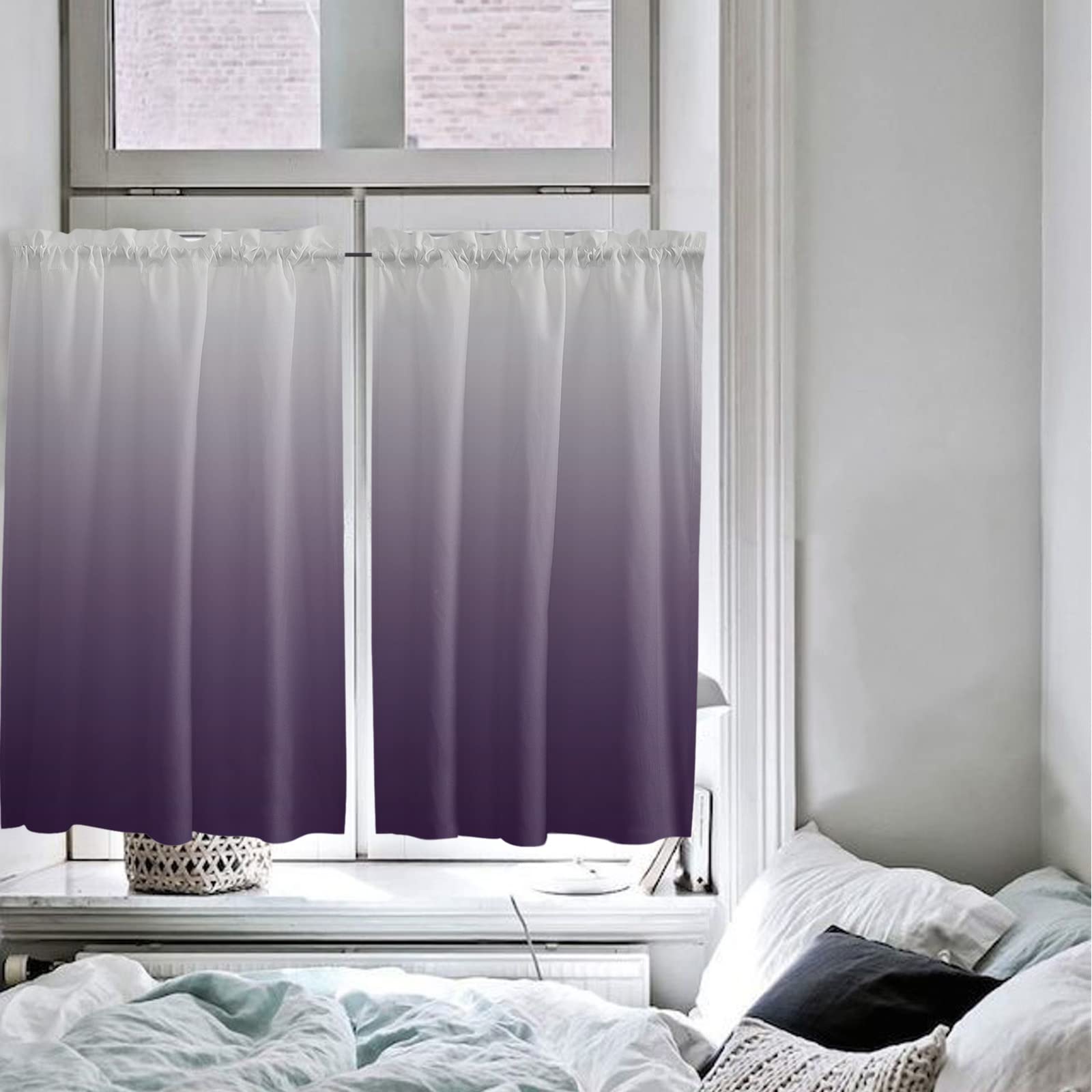 Gray-Purple Ombre Tier Curtains 27.5 x 45 Inches - Long Wide Pocket Kitchen & Bedroom Window Treatments - French Door & Patio Door Curtains for Home Decor - Perfect for Living Room, Dining Area & Cozy Spaces