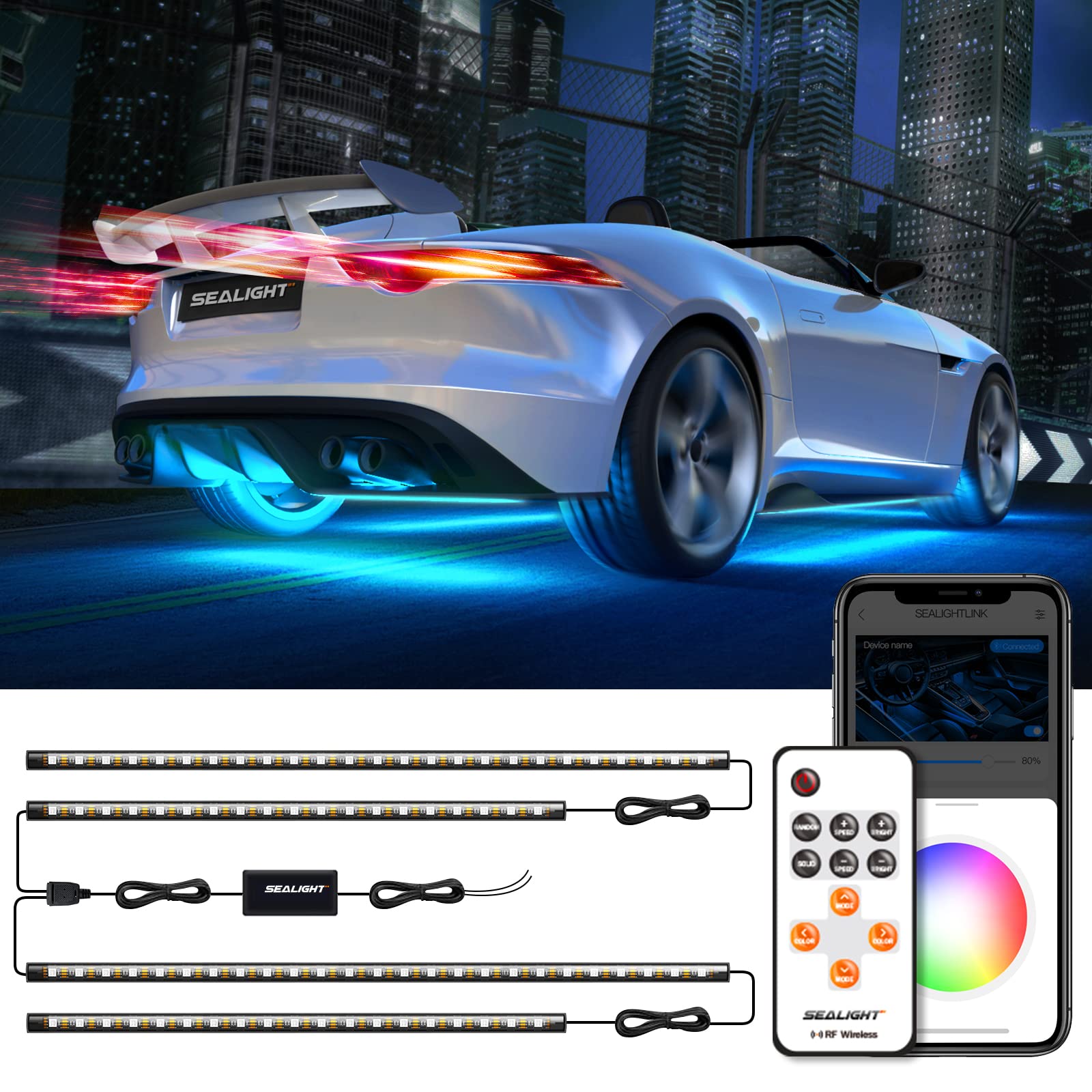 SEALIGHT Car Underglow LED Light Kit - 16 Million RGB Colors, App & Remote Control, Music Sync Mode - Fits Trucks, ATV, UTV - Perfect for Night Driving & Car Shows