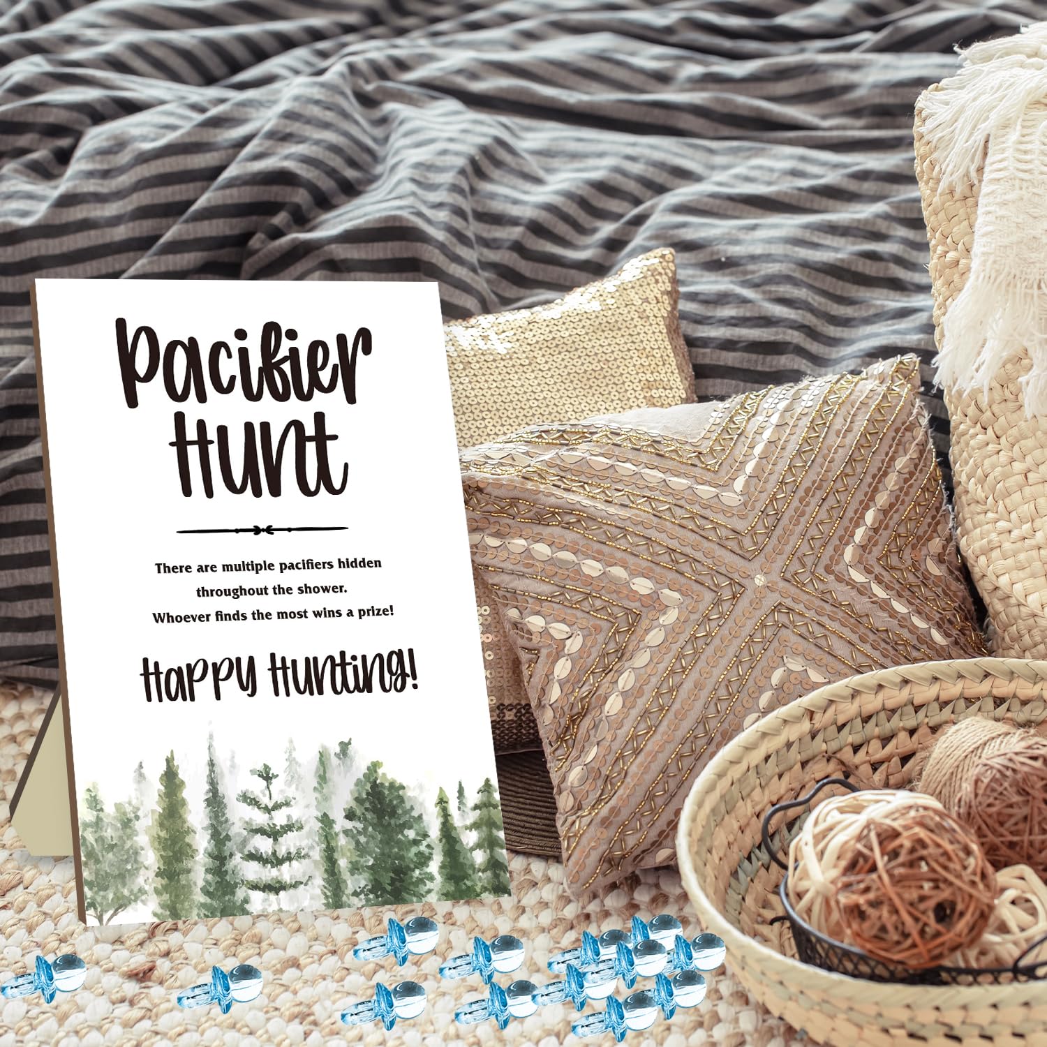 Baby Shower Party Games Set - Pacifier Hunt Game with Forest Theme Sign & 50 Blue Mini Pacifiers - Fun Baby Shower Decorations for Gender Reveal & Nursery Themed Celebrations