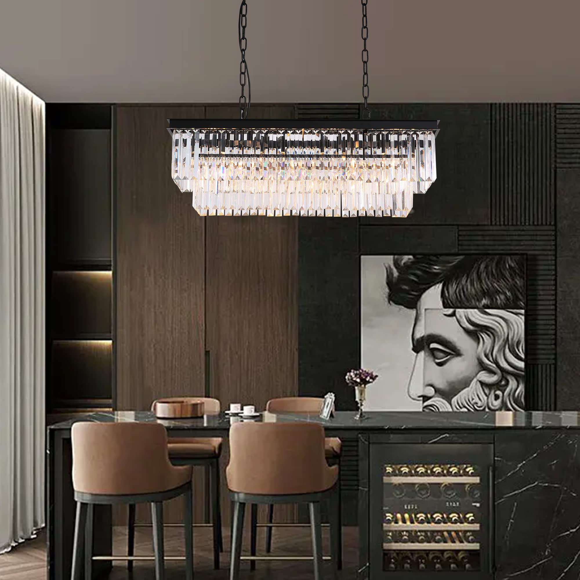 7PM 40 Inch Modern Farmhouse Chandelier - Dimmable Industrial Rectangular Hanging Light for Dining Room, Kitchen Island, Living Room & Bedroom Lighting