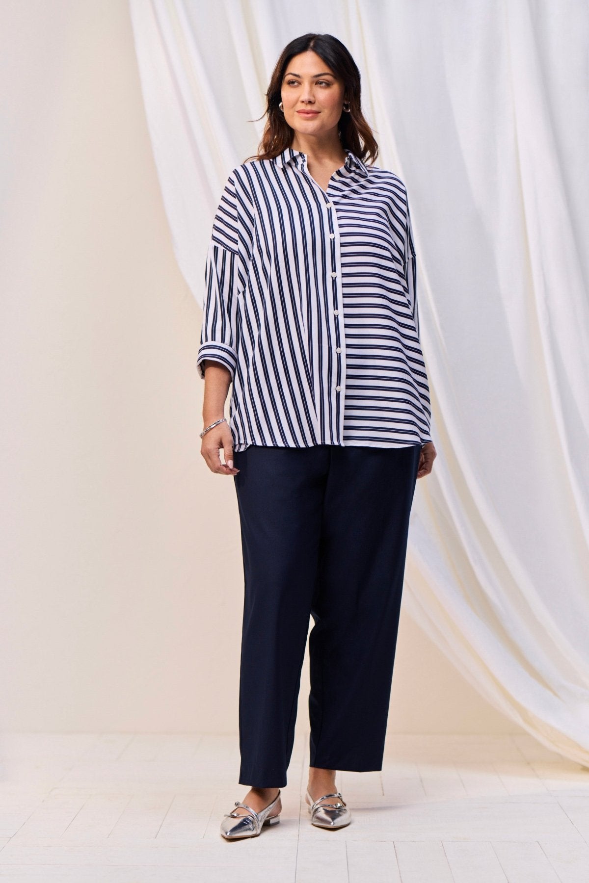 Avery Plus Double Stripe 3/4 Sleeve Casual Shirt for Women | Comfortable & Stylish Blouse for Office Wear, Business Casual & Everyday Outfits