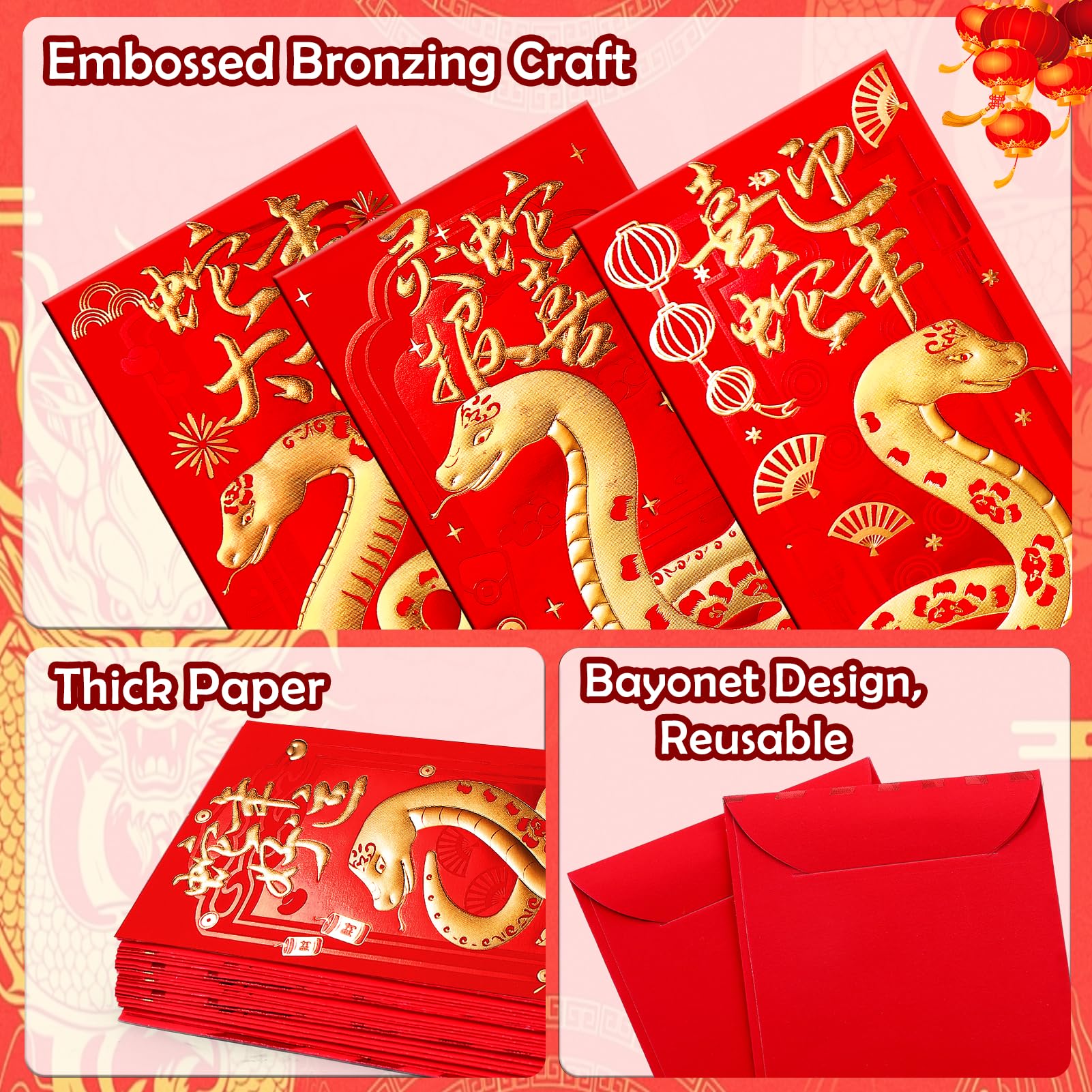 AIERSA 12Pcs Chinese New Year Red Envelopes 2025 - Lucky Money Hong Bao for Lunar New Year, Snake Design Cash Gifts for Spring Festival | Perfect for Family Reunions, Office Celebrations & Cultural Exchange