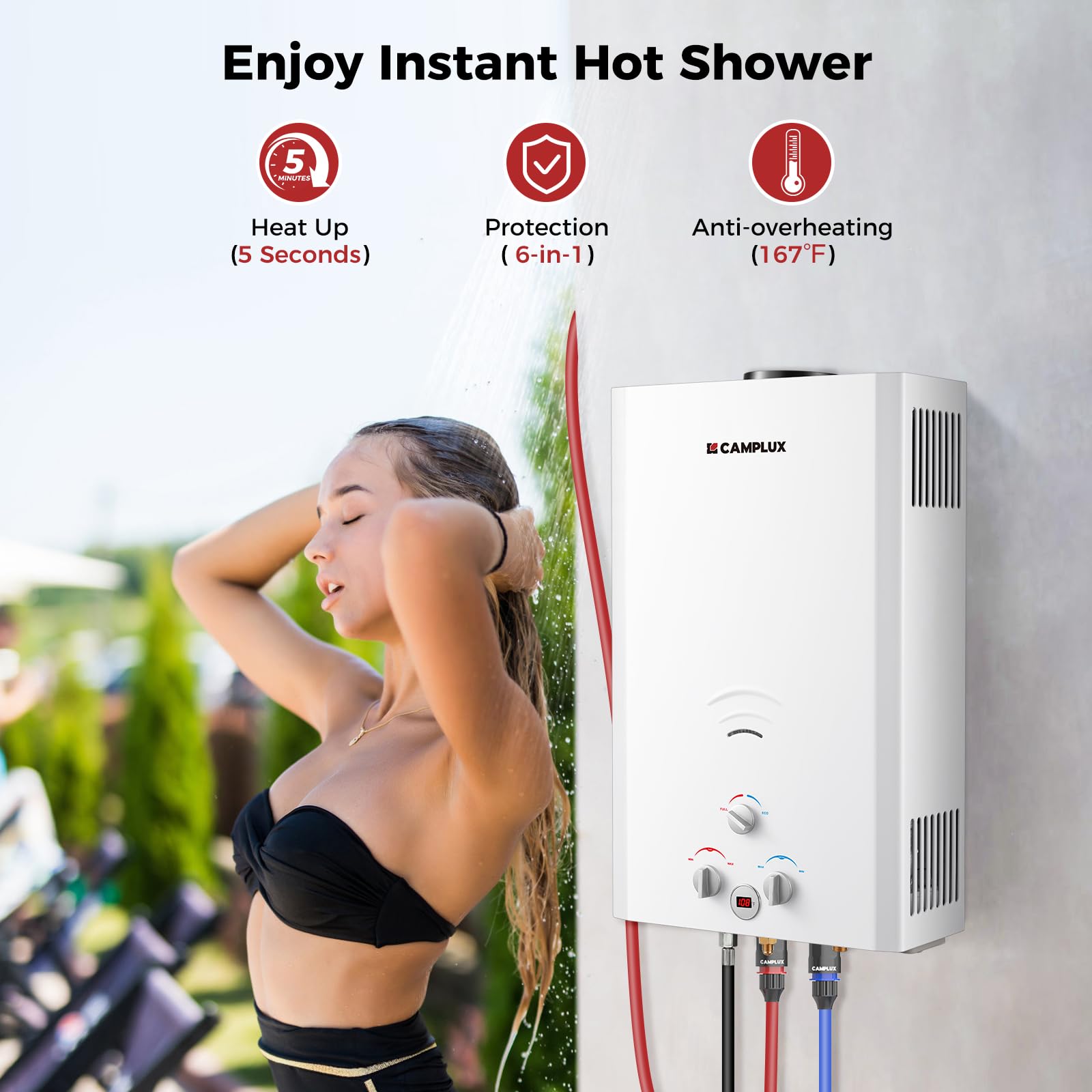 CAMPLUX 4.22 GPM Outdoor Propane Tankless Water Heater - 16L Portable Instant Hot Water System for Camping, RV, Tiny House & Off-Grid Living (110,000 BTU, BW422) | Perfect for Showers, Washing Dishes & Outdoor Sinks