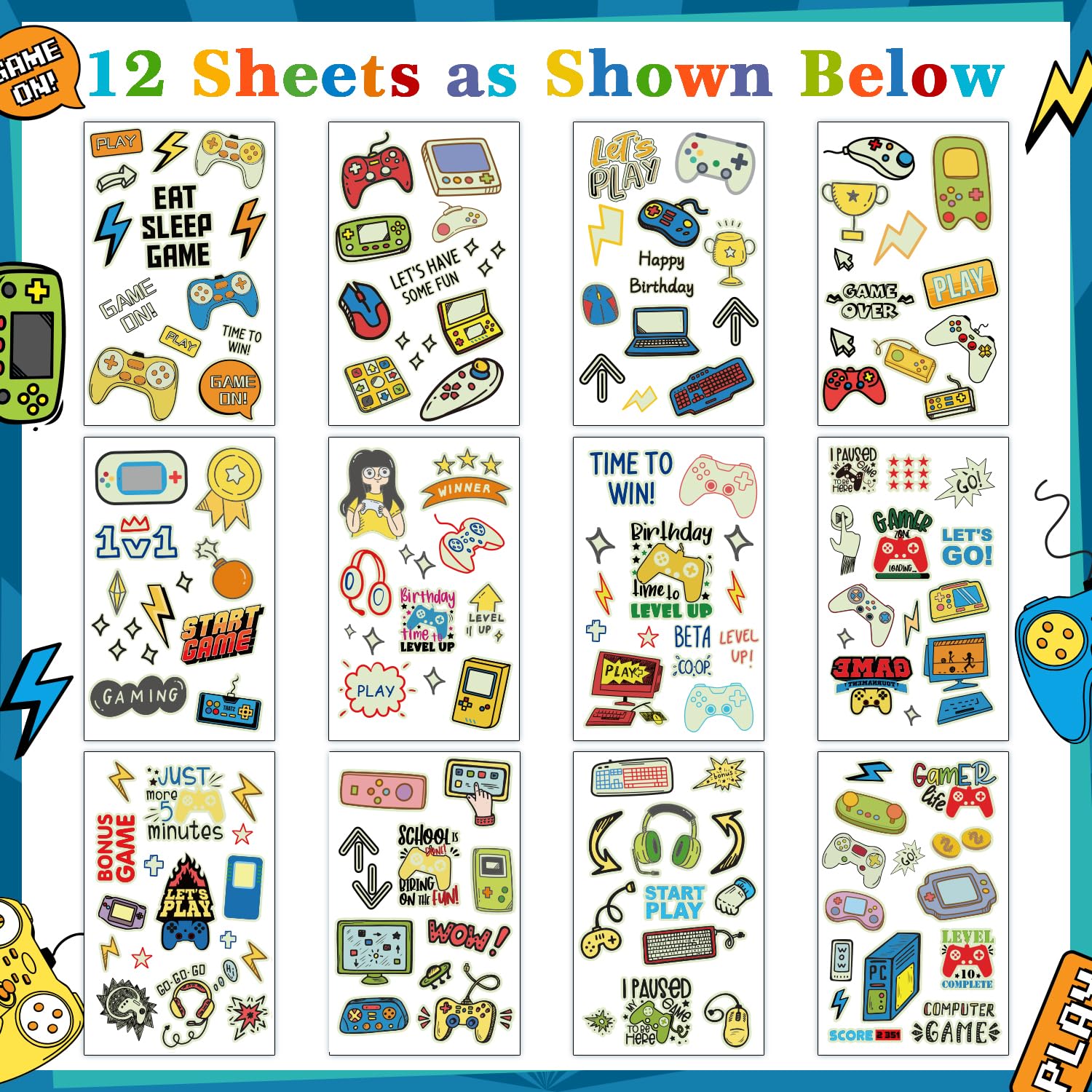 Partywind Glow in the Dark Video Game Temporary Tattoos for Kids - 158 Styles Gamer Birthday Party Supplies, Decorations & Favors for Boys - Fun Fake Tattoo Stickers for Gaming Themed Parties, Halloween & Cosplay Events