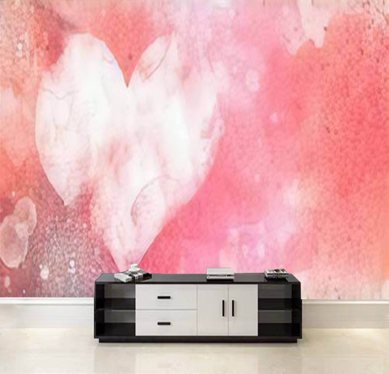 Romantic Heart Watercolor Wall Mural - Self-Adhesive Peel & Stick Removable Wallpaper with Artistic Drips & Stains - Large Wall Decal for Living Room, Bedroom & Home Decor - Perfect for Accent Walls and DIY Interior Design