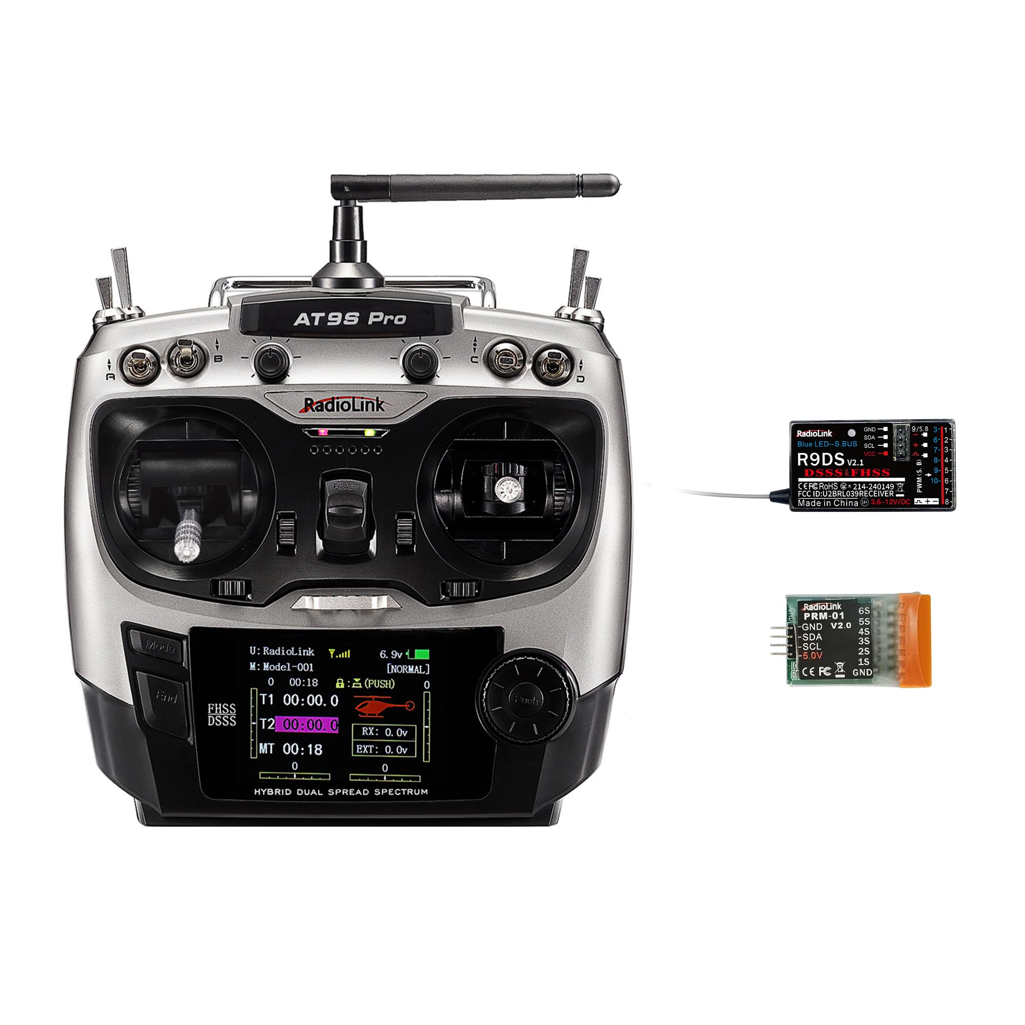 Radiolink AT9S Pro 10/12 Channel 2.4GHz RC Radio Transmitter with R9DS Receiver & PRM-01 Battery Telemetry Module - Mode 2 Left Hand for RC Airplanes, Drones, and RC Cars - Real-Time Battery Monitoring for Long-Range Flying