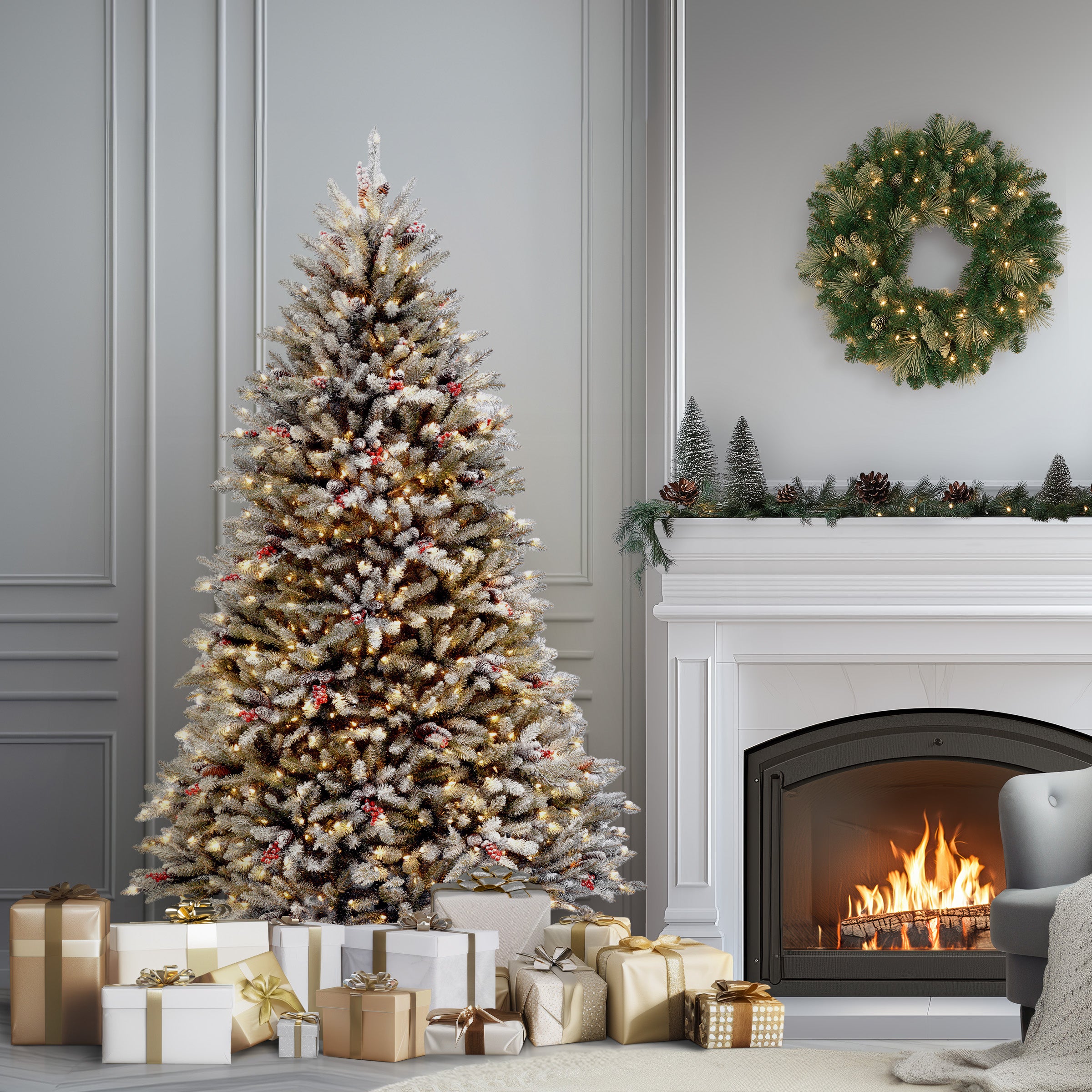 7.5 ft Pre-Lit Dunhill Fir Flocked Artificial Christmas Tree with 750 Clear LED Lights - Perfect for Holiday Home Decor, Living Room, Office & Party Decoration