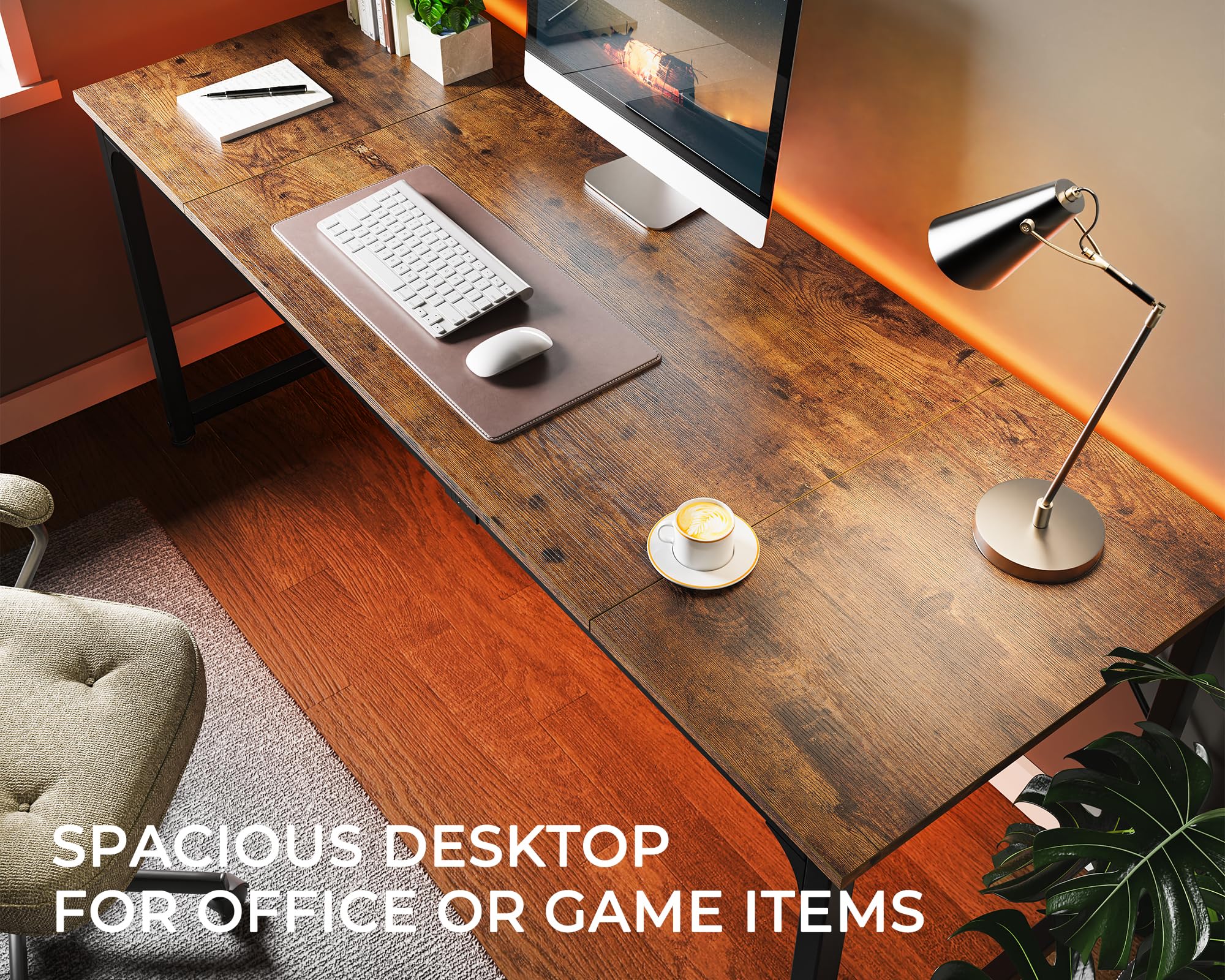 Huuger 70 Inch Computer Desk - Sturdy Metal Frame Office Desk with Storage, Large Gaming & Writing Desk for Home Office, Study, Long Simple Workstation (Rustic Brown) | Perfect for Small Spaces & PC Gaming Setup