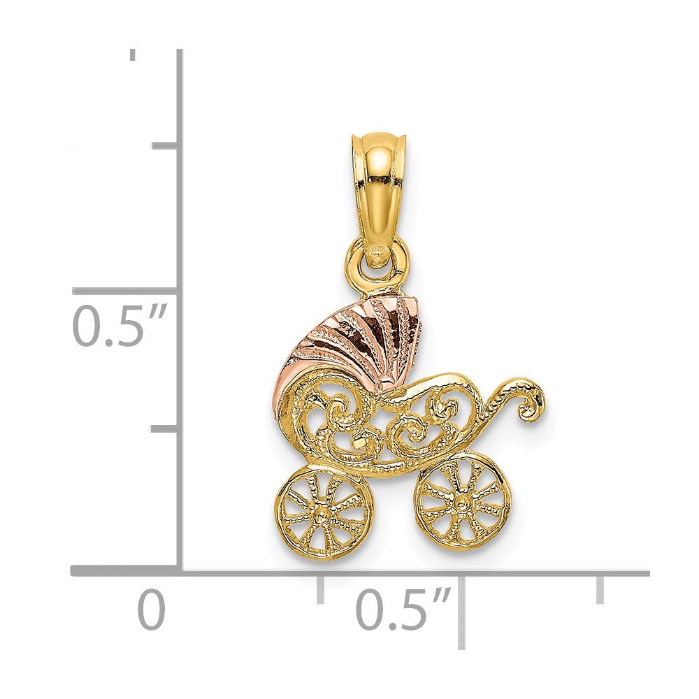 14K Two-Tone Gold Baby Stroller Charm Pendant with Visor - Elegant Jewelry Gift for New Moms, Baby Shower, Christening & Everyday Wear