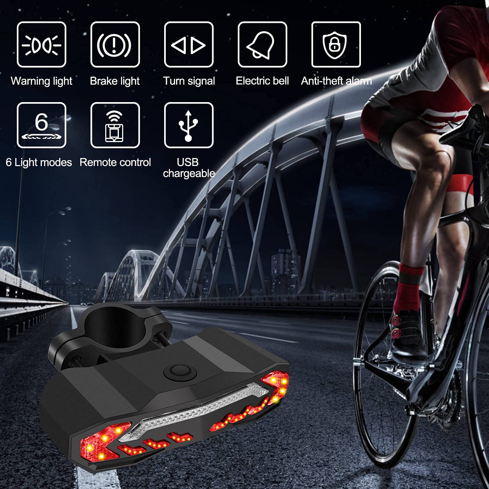 2 Pack Bike Alarm Taillight with Electric Bell & Anti-Theft Features - USB Rechargeable Bicycle Rear Light with Turn Signals, Automatic Brake Light & Remote Control for Enhanced Cycling Safety | Perfect for Night Riding, Commuting & Urban Cycling