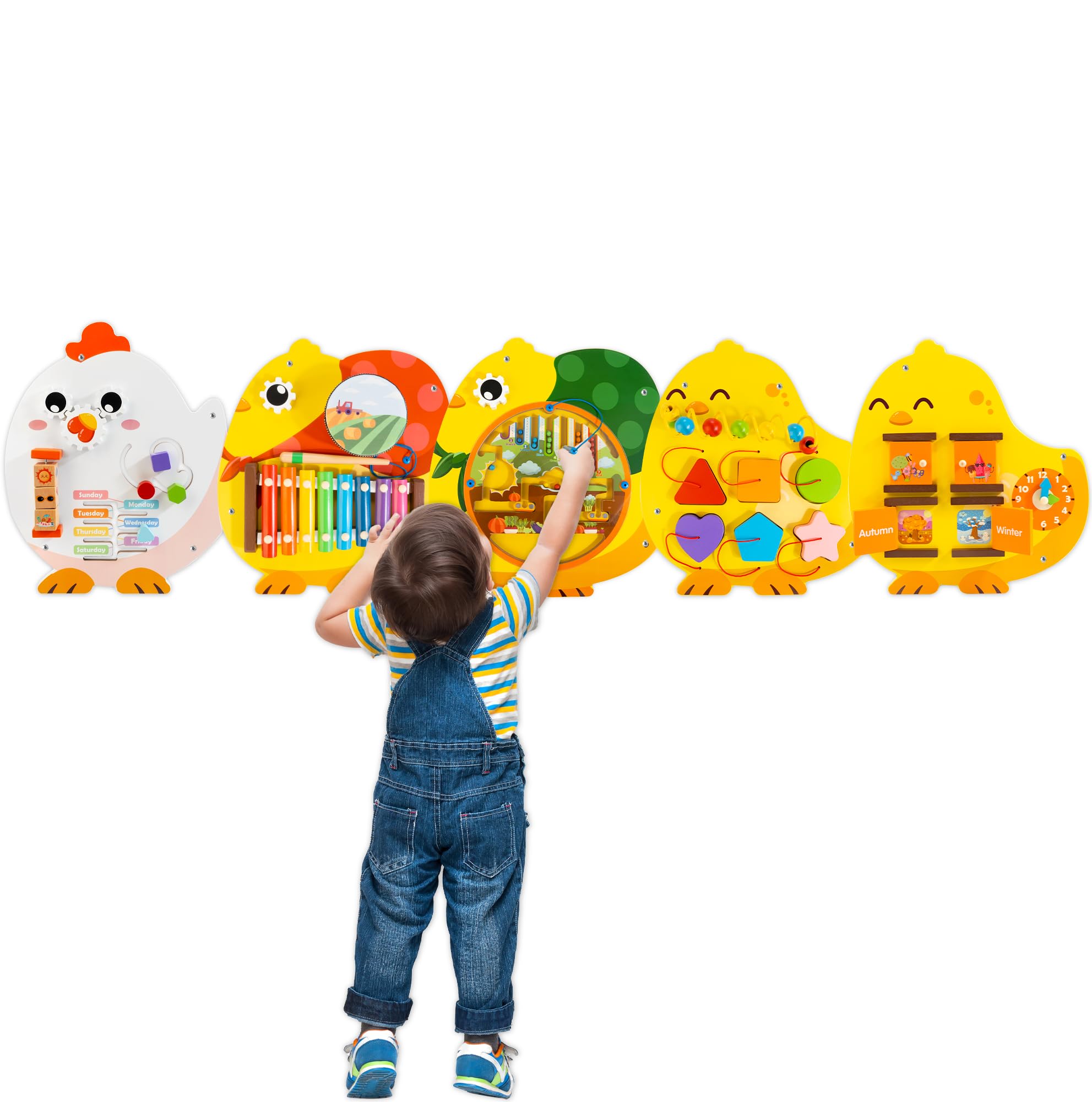 11-in-1 Wooden Sensory Busy Board for Toddlers - Montessori Learning Activity Wall Panel with Chick Design | Educational Toy for Kids Playroom, Daycare, Nursery, Classroom & Dentist Office Waiting Area | Perfect for Sensory Play & Early Childhood Development