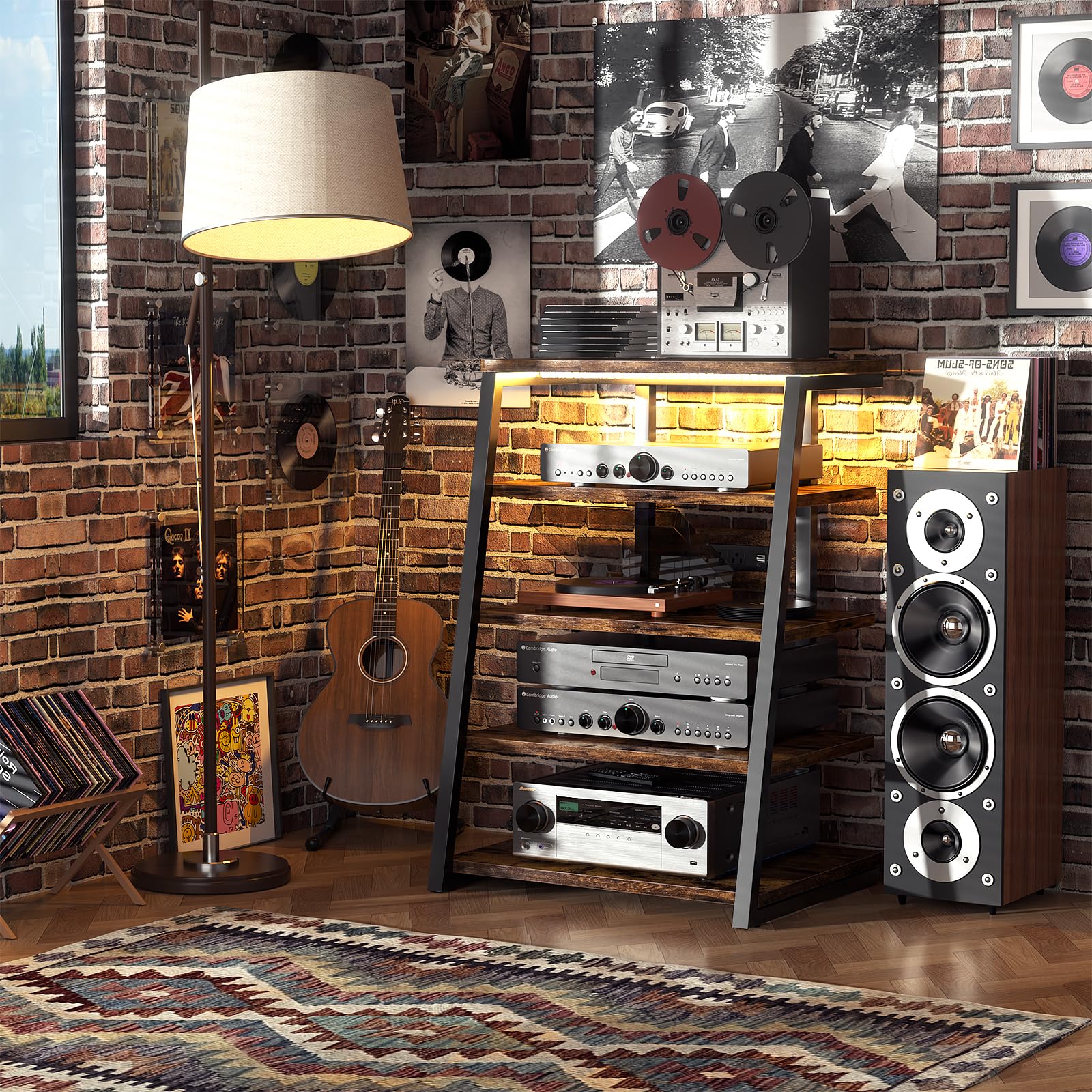 5-Tier AV Media Stand with Built-in Power Strips & LED Lights - Adjustable Shelves for Stereo, Gaming & Home Theater - Rustic Brown TV Console (40.8