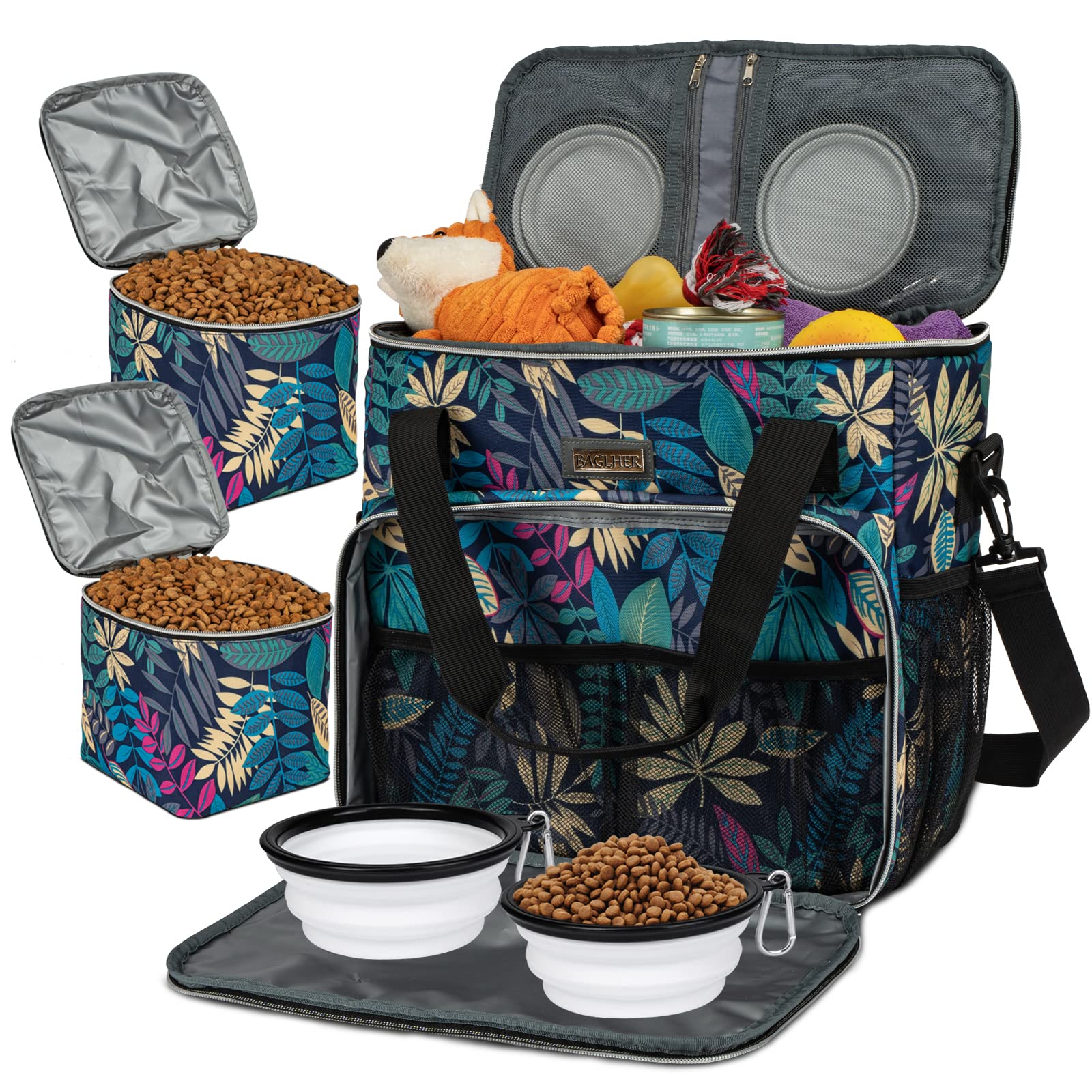 BAGLHER Dog Travel Bag - Waterproof Pet Carrier with 2 Food Containers & 2 Collapsible Bowls | Essential Pet Travel Accessories for Dogs, Cats & Small Animals | Perfect for Airplane, Road Trips & Outdoor Adventures
