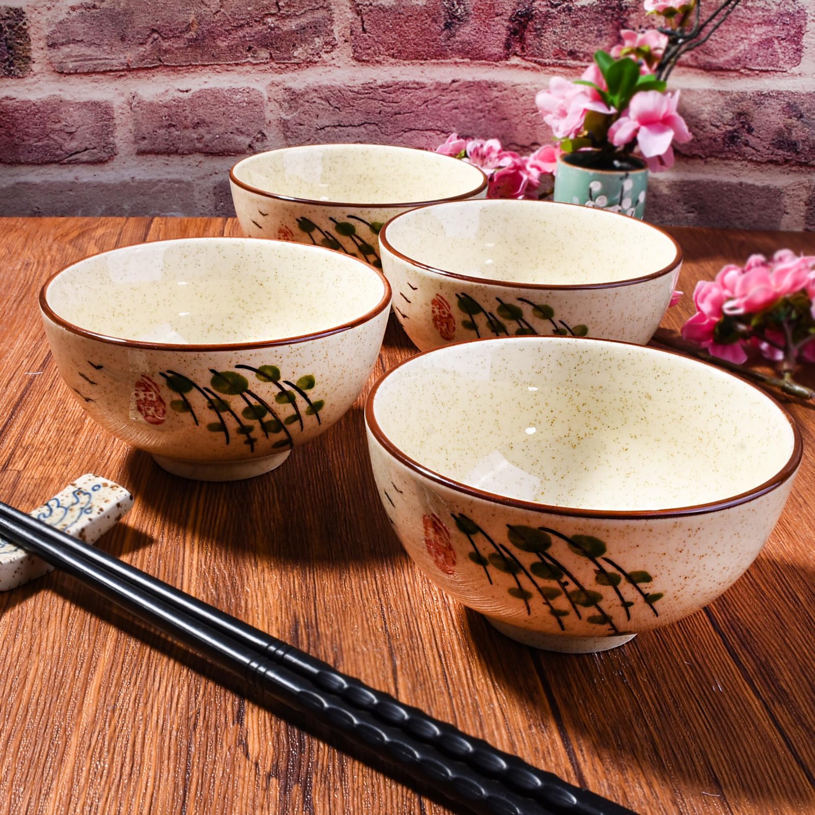 Premium Japanese Rice Bowls Set of 4 - 10.14oz Microwave Safe Ceramic Bowls for Sushi, Soup & Rice - Elegant Round Small Rice Bowls for Asian Dining, Home Kitchen & Restaurant Use