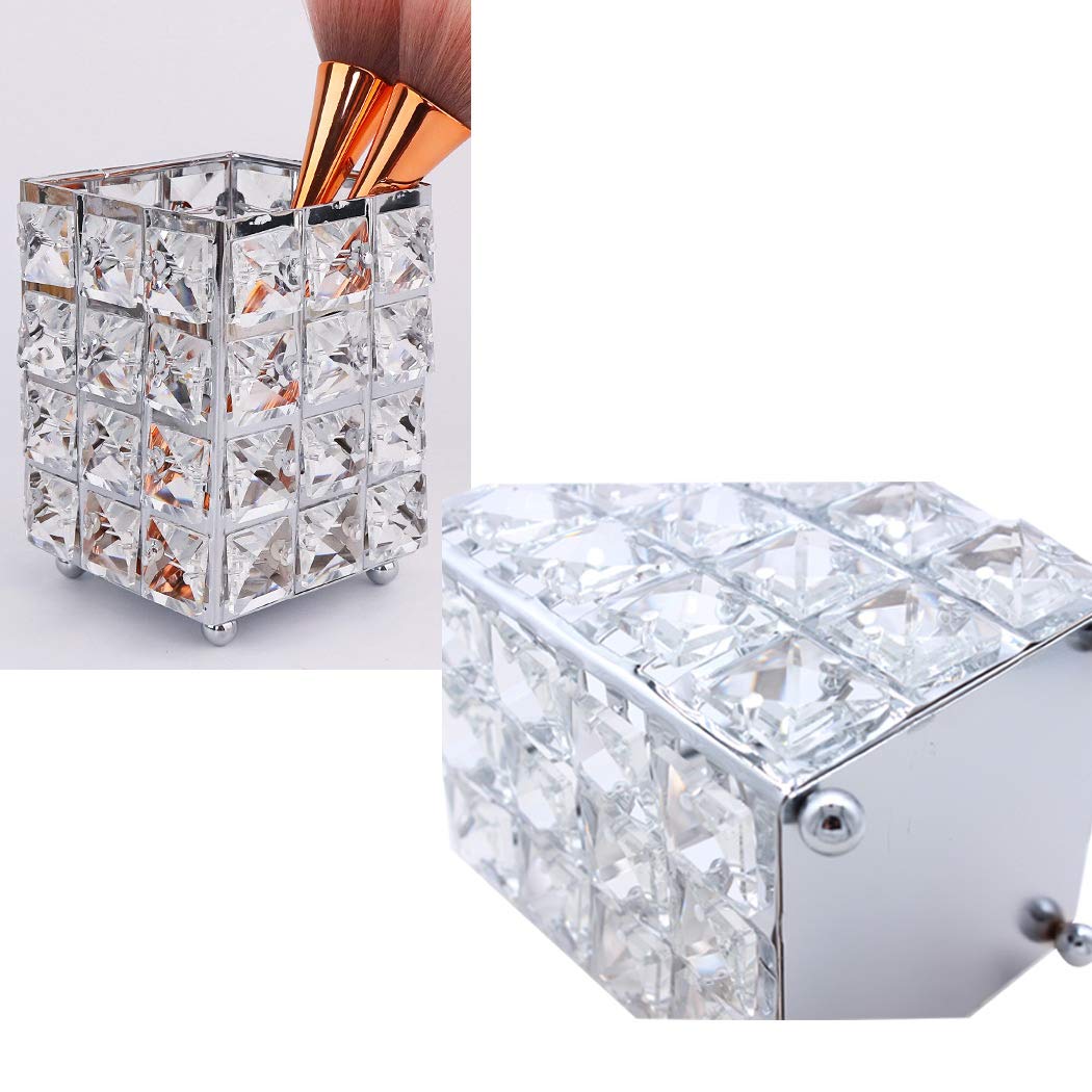 Premium Handcrafted Crystal Makeup Brush Holder & Pen Organizer - Square Silver Cosmetic Storage for Vanity, Bathroom, Office Desk | Perfect for Eyebrow Pencils, Lipsticks & Beauty Tools | Elegant Desk Decor & Gift Idea