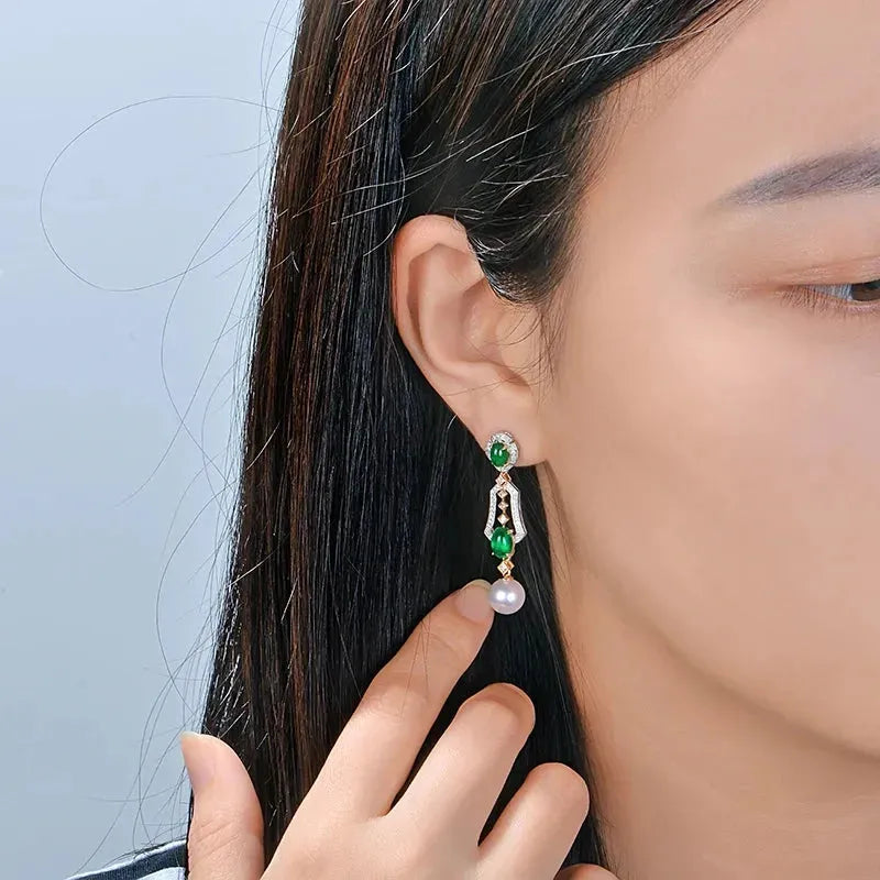CAIMAO 2.31ctw Natural Cabochon Emerald & Diamond 8mm Pearl 18K Multi-Tone Gold Vintage Drop Earrings for Women | Elegant Evening Wear, Wedding Jewelry Gift