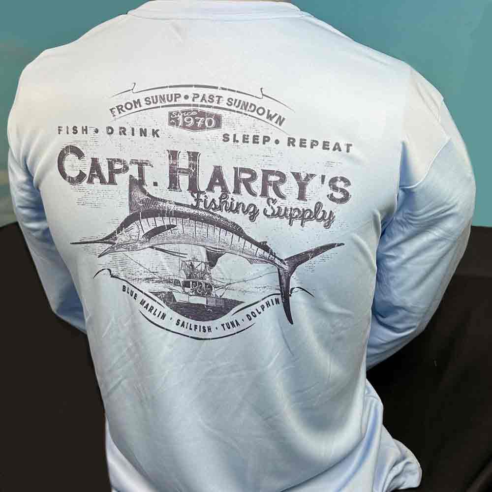Capt Harry's Sky Blue Burly Marlin Long Sleeve Performance Shirt - Moisture Wicking Fishing & Outdoor Adventure Shirt for Men