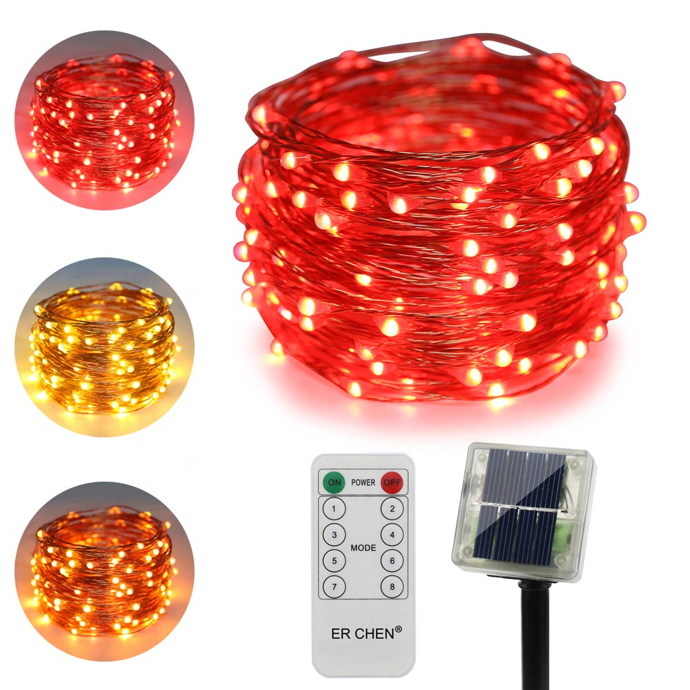 Dual-Color Solar LED String Lights 33FT - 100 LEDs Remote Control, 8 Color Changing Modes, Copper Wire Fairy Lights for Outdoor Garden, Patio, Yard (Warm White & Red) - Perfect for Parties, Weddings & Holiday Decorations