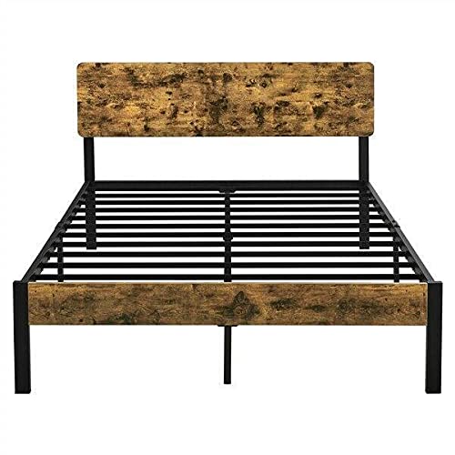 Vintage Style Full/Queen Size Metal Platform Bed Frame with Wooden Headboard - Sturdy Modern Bed Frame for Master Bedroom, Guest Room & Dormitory