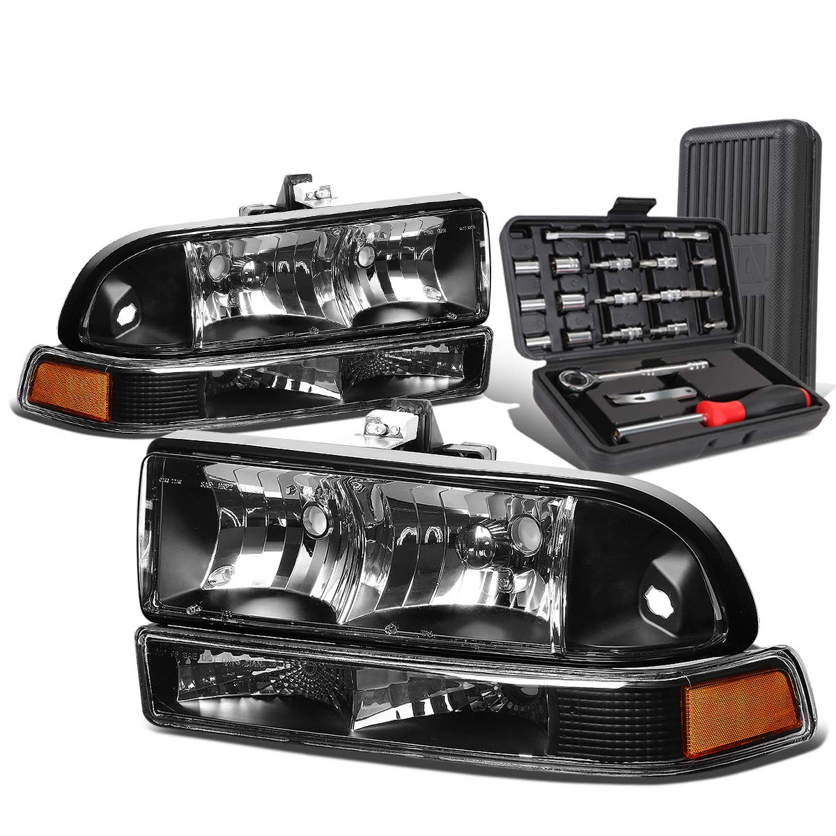 Auto Dynasty Black Housing Amber Corner Headlight with Bumper Lamps & Tool Kit - Compatible with 1998-2004 Chevy S10 Pickup Truck | Easy Installation & Enhanced Night Visibility