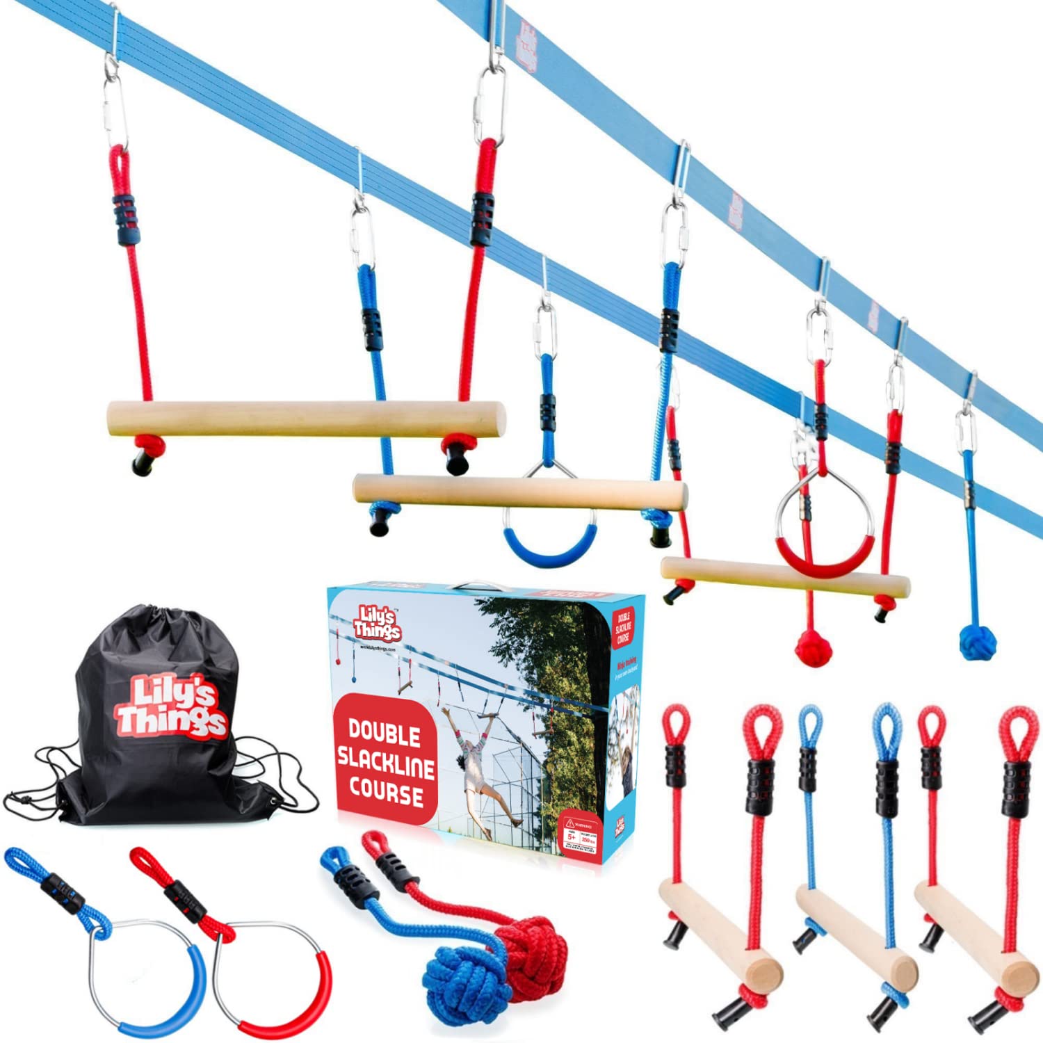 Double Ninja Slackline Obstacle Course for Kids - 80ft Outdoor Play Equipment with Monkey Bars & Patented Dual Line Design | Backyard Training, Birthday Parties, School Playgrounds, Ninja Warrior Practice